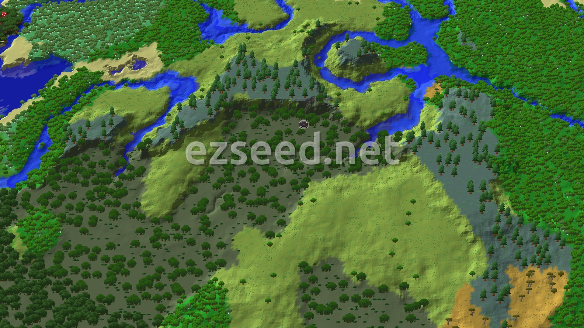 A 3D fly-over of a Minecraft world, showing a diverse landscape with a swampy spawn area, dense forests, plains, and winding rivers.