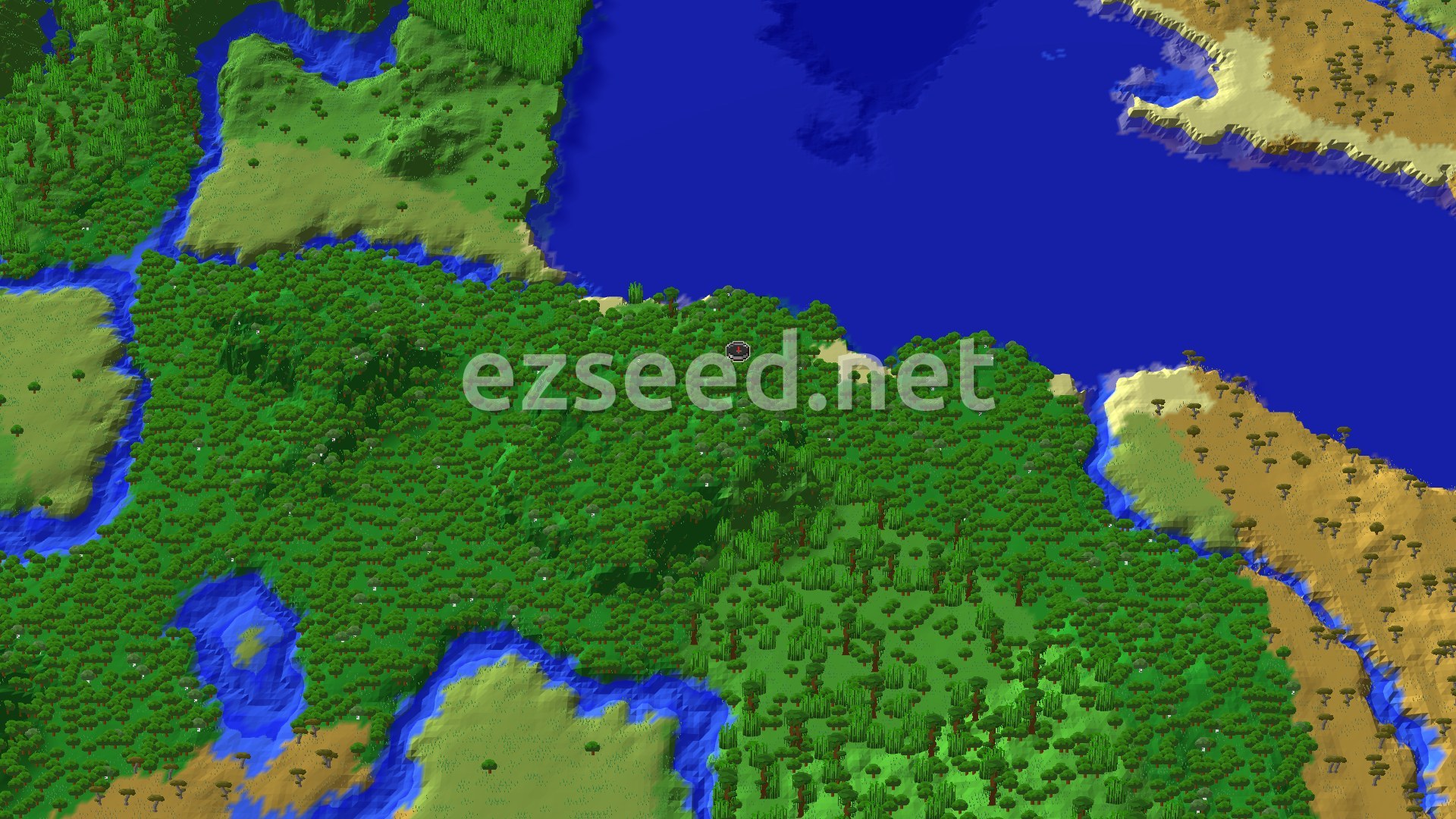 An aerial view of a mostly forested spawn area, with a large blue ocean to the north and a savanna biome visible to the northeast, featuring rivers winding through the landscape.