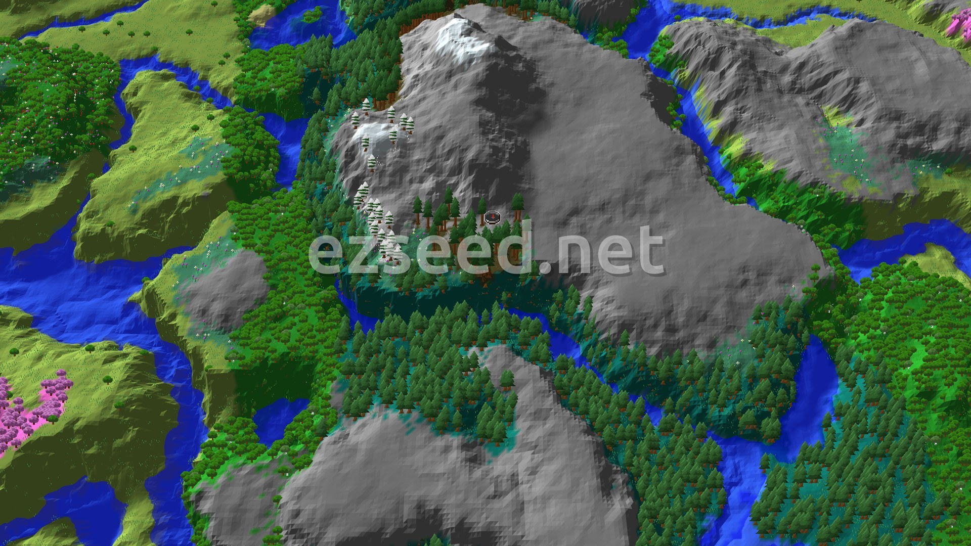 Aerial Minecraft seed map — Ancient City and Frozen Peaks near a Taiga Spawn