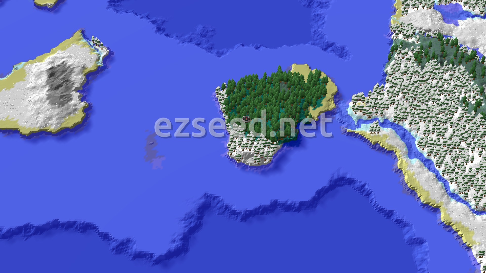 Aerial Minecraft seed map — Taiga Island Spawn With Close Ruined Portal