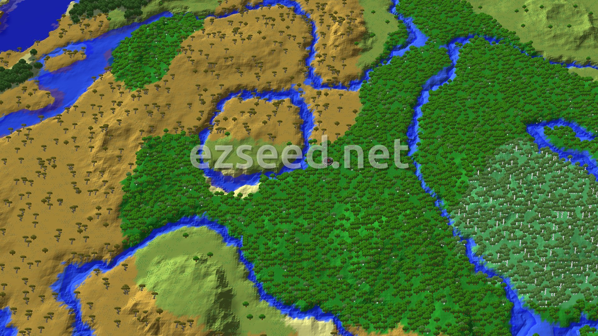 Aerial Minecraft seed map — Forest and Savanna with Close Structures