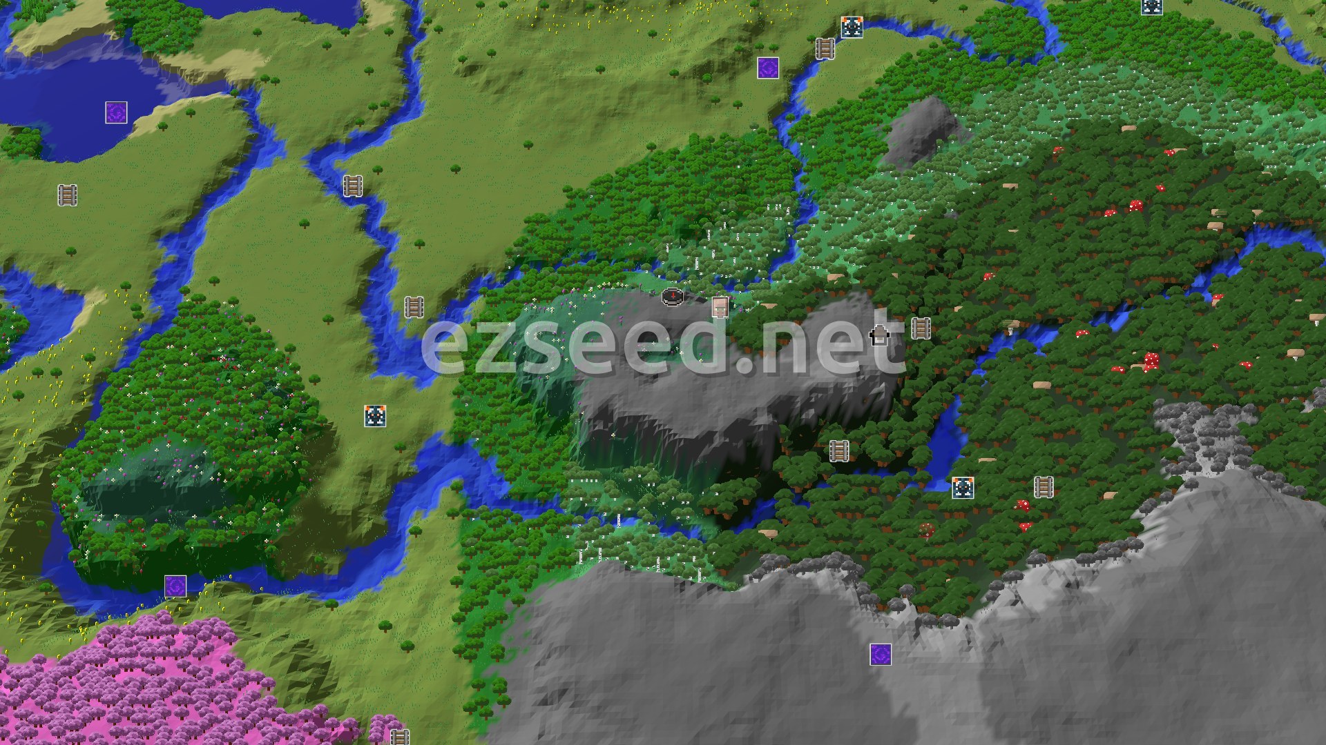 Aerial Minecraft seed map — A Gentle Meadow Spawn with Villages and Dark Forests Nearby