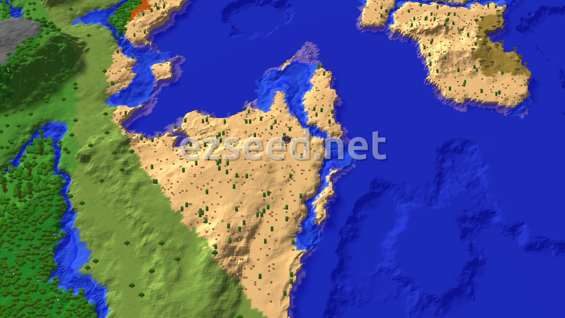 Aerial Minecraft seed map — Desert Spawn with Nearby Badlands and a Trial Chambers