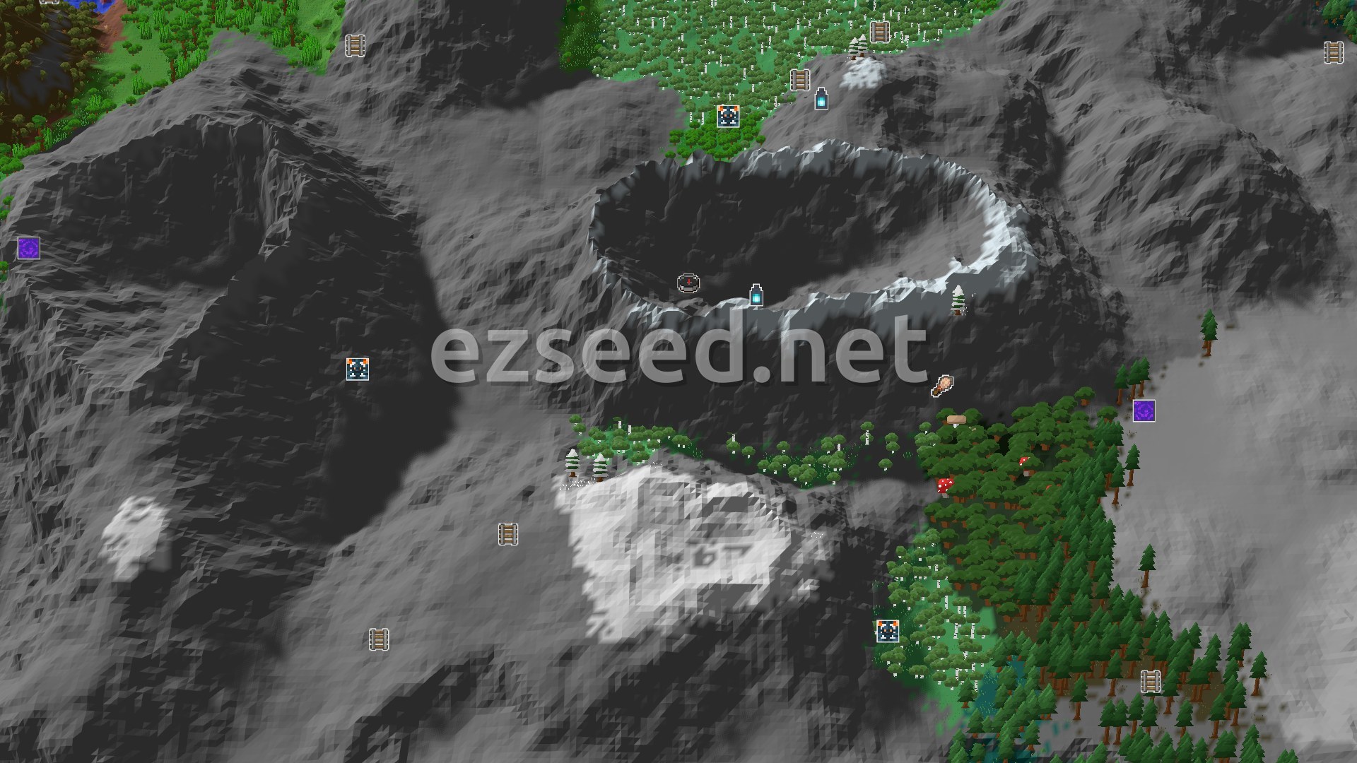 Aerial Minecraft seed map — Deep Mountain Valley and Nearby Ancient City