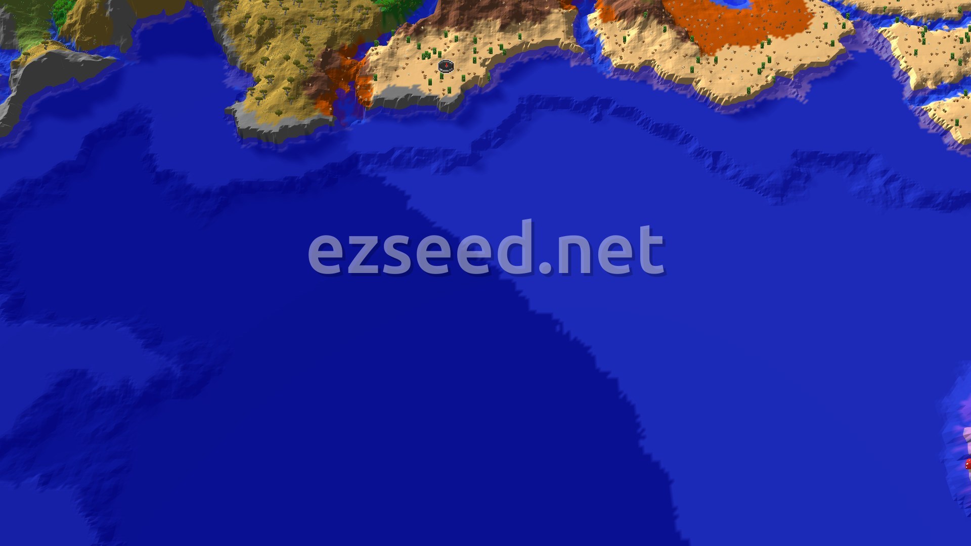 A 3D fly-over of a large desert and warm ocean terrain with scattered trees and a small spawn marker.