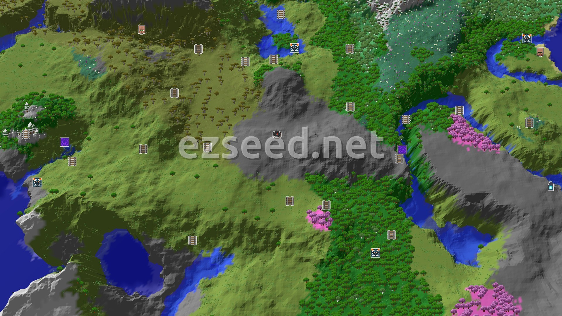Aerial Minecraft seed map — Savanna Spawn with Cherry Grove and Peaks Nearby