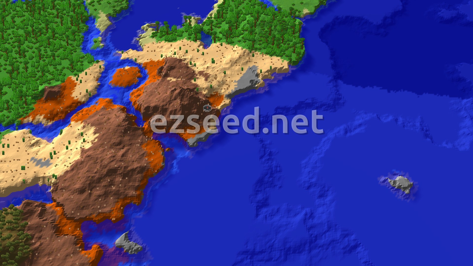 Aerial Minecraft seed map — Badlands and Jungle by a Warm Ocean