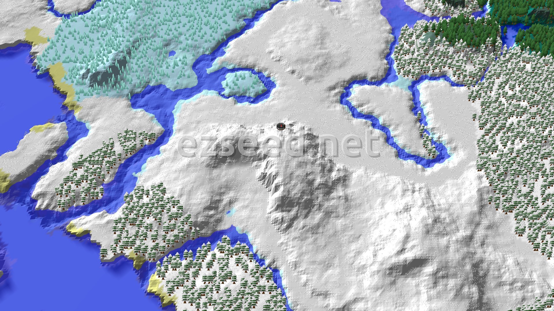 A 3D render of a snowy landscape with a small player marker at the center, surrounded by hills, frozen rivers, and snow-covered trees.