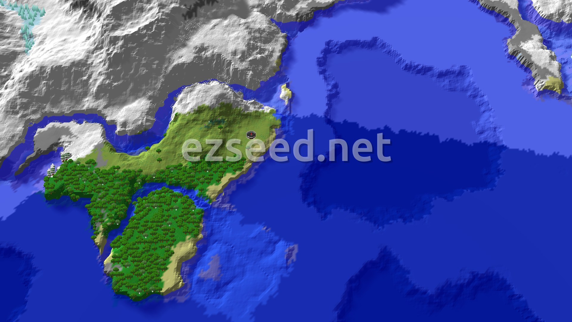 An overhead 3D view of a Minecraft world showing a green plains biome transitioning into snowy mountains and a large blue ocean. A small spawn marker is visible near the center of the plains.