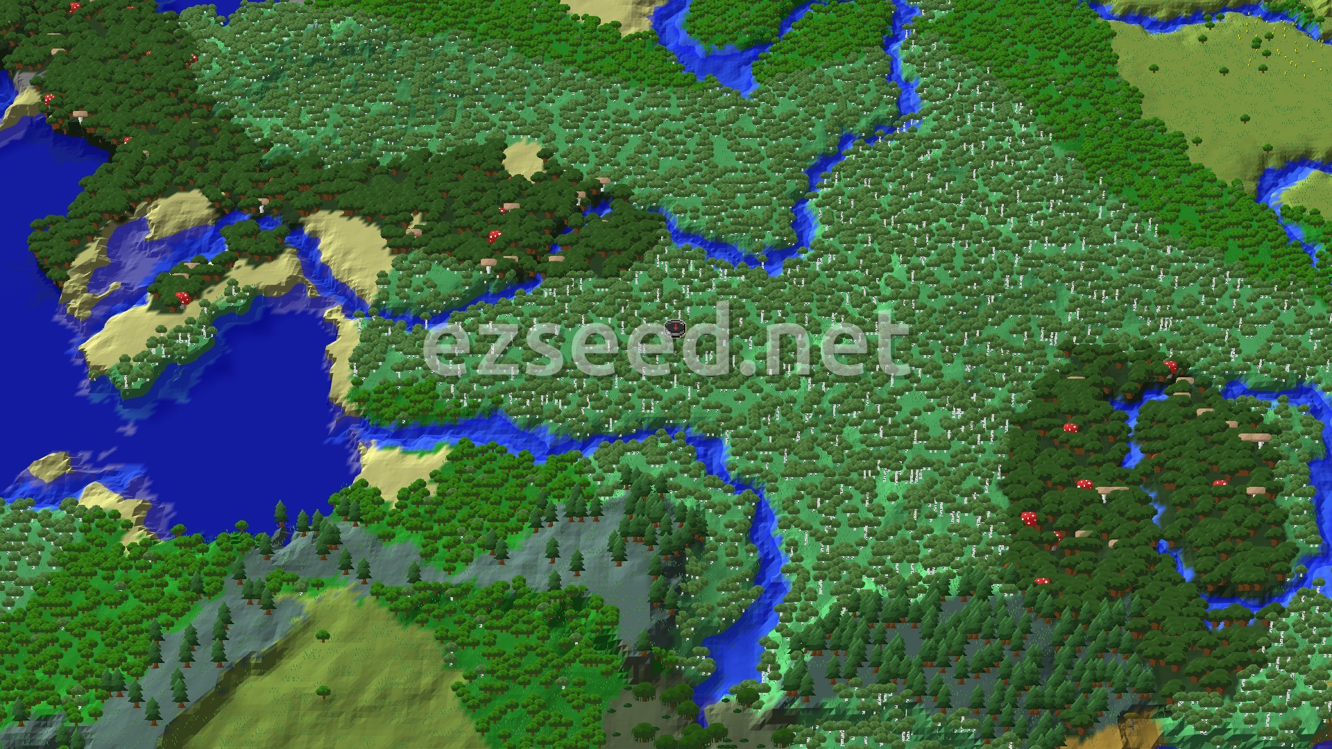 Aerial Minecraft seed map — Old Growth Birch Spawn with Nearby Woodland Mansion