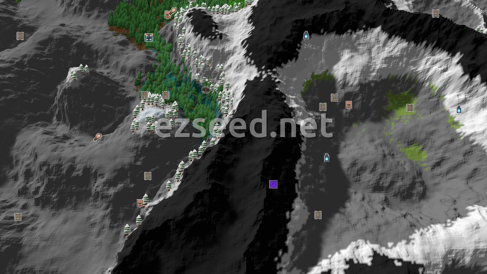 Aerial Minecraft seed map — Spawn in a Taiga Valley, Near Jagged and Frozen Peaks