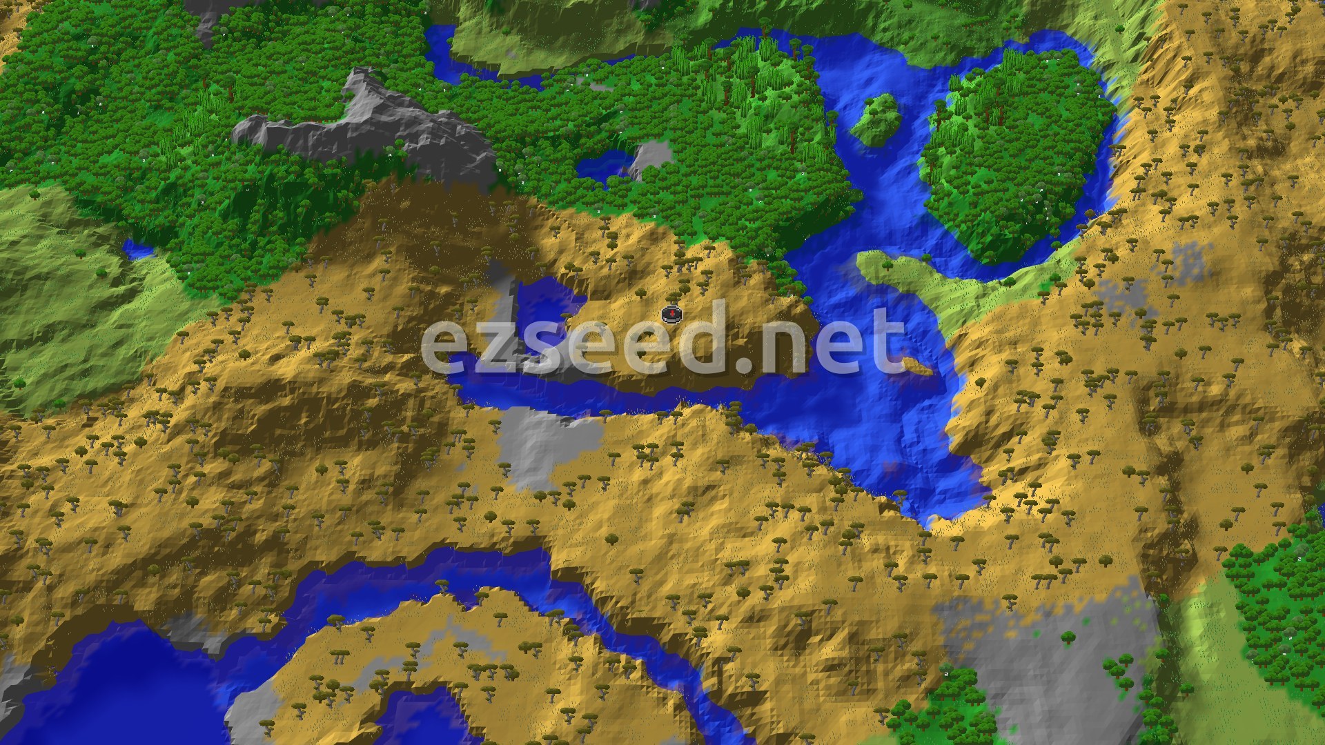 Aerial Minecraft seed map — Savanna Spawn With Nearby Ancient City Access