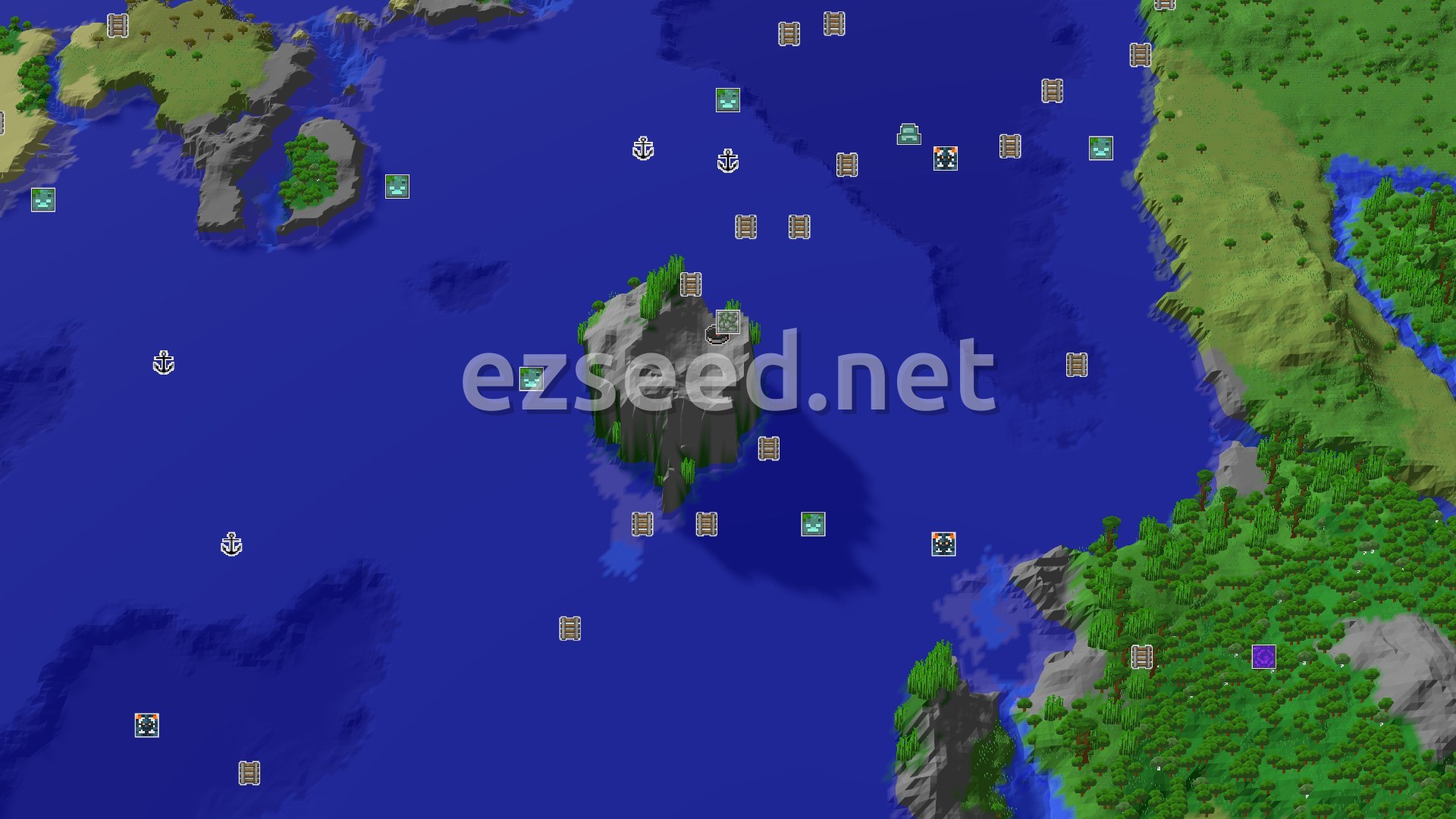 Aerial Minecraft seed map — Jungle Temple at Spawn, Ocean Everywhere Else