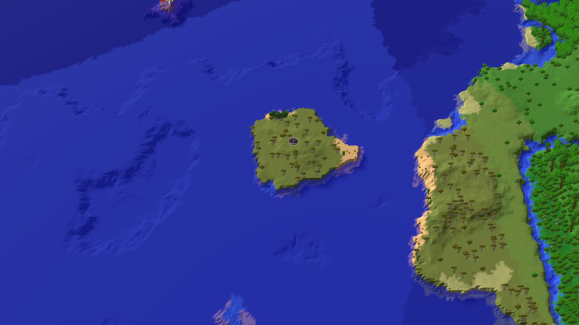 Aerial Minecraft seed map — A Savanna Island Start with Nearby Jungle and Mushroom Fields