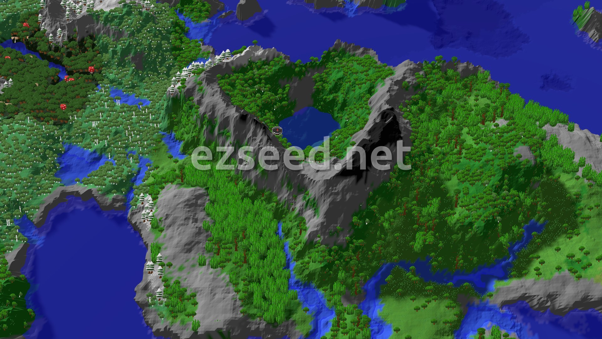 Aerial Minecraft seed map — Spawn in Peaks, Jungle, and Mineshaft