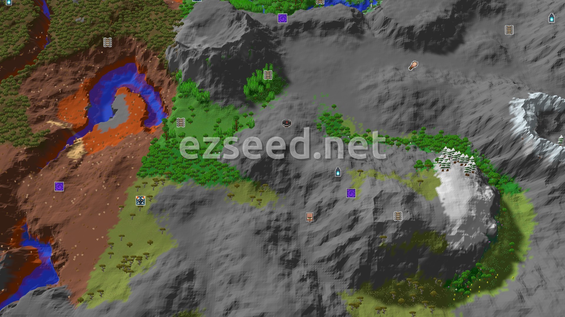 Aerial Minecraft seed map — A Mountainous Start with Nearby Badlands and Jungles