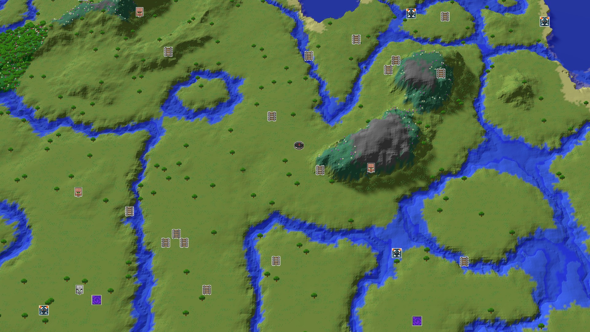 An aerial view of a mostly green, gently rolling landscape with scattered trees, winding blue rivers, and a darker, rockier hill to the east, with a small spawn marker in the center.
