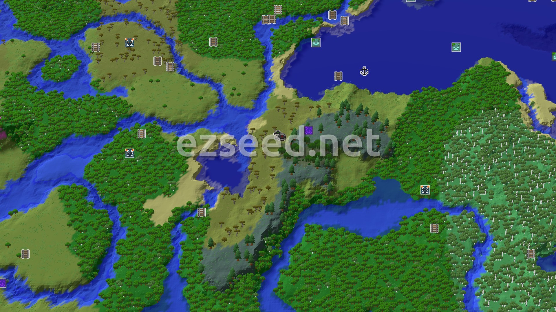Aerial Minecraft seed map — A Swamp Start with Nearby Windswept Hills