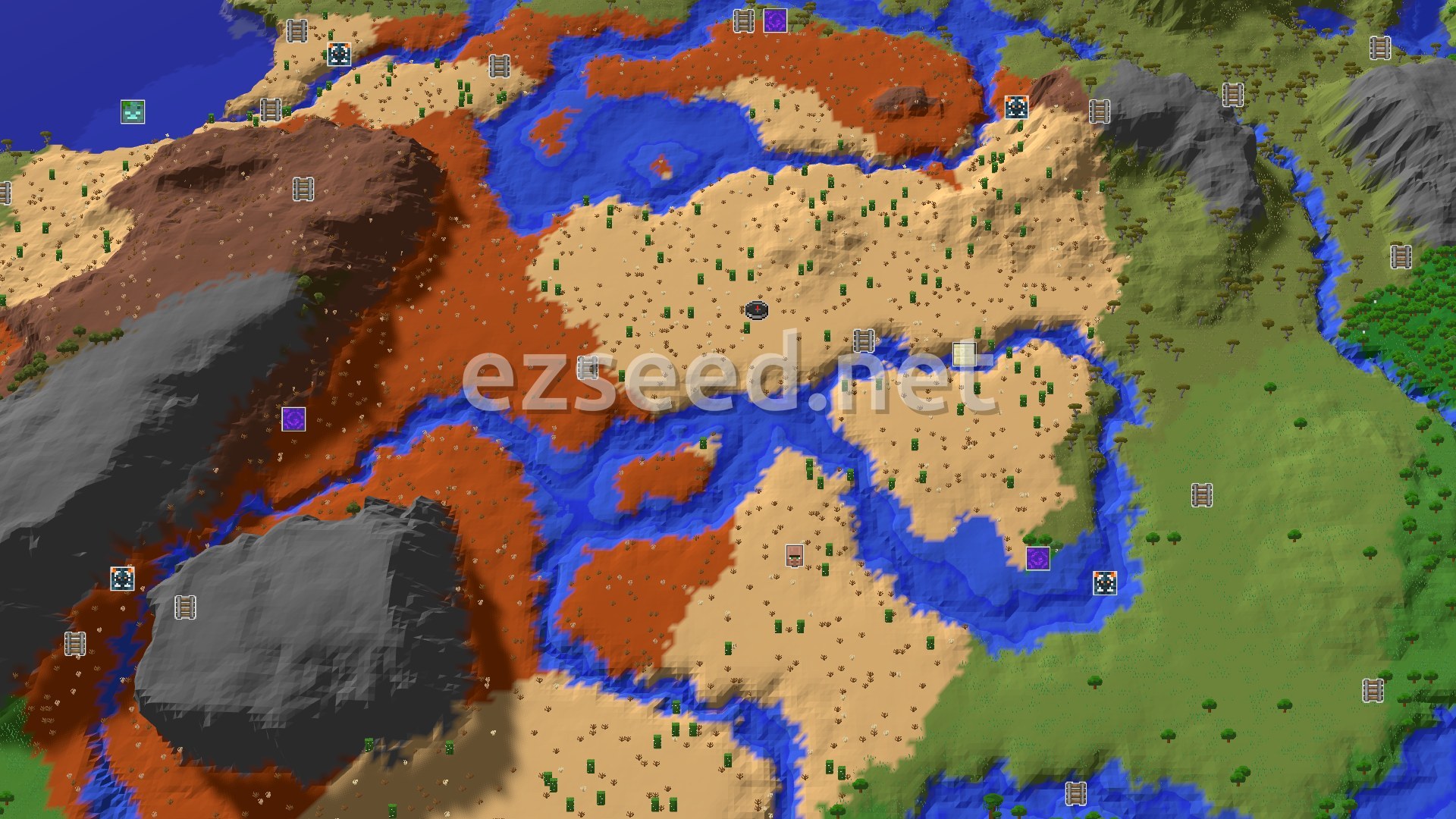 Aerial Minecraft seed map — Desert Spawn with Nearby Badlands and a Village