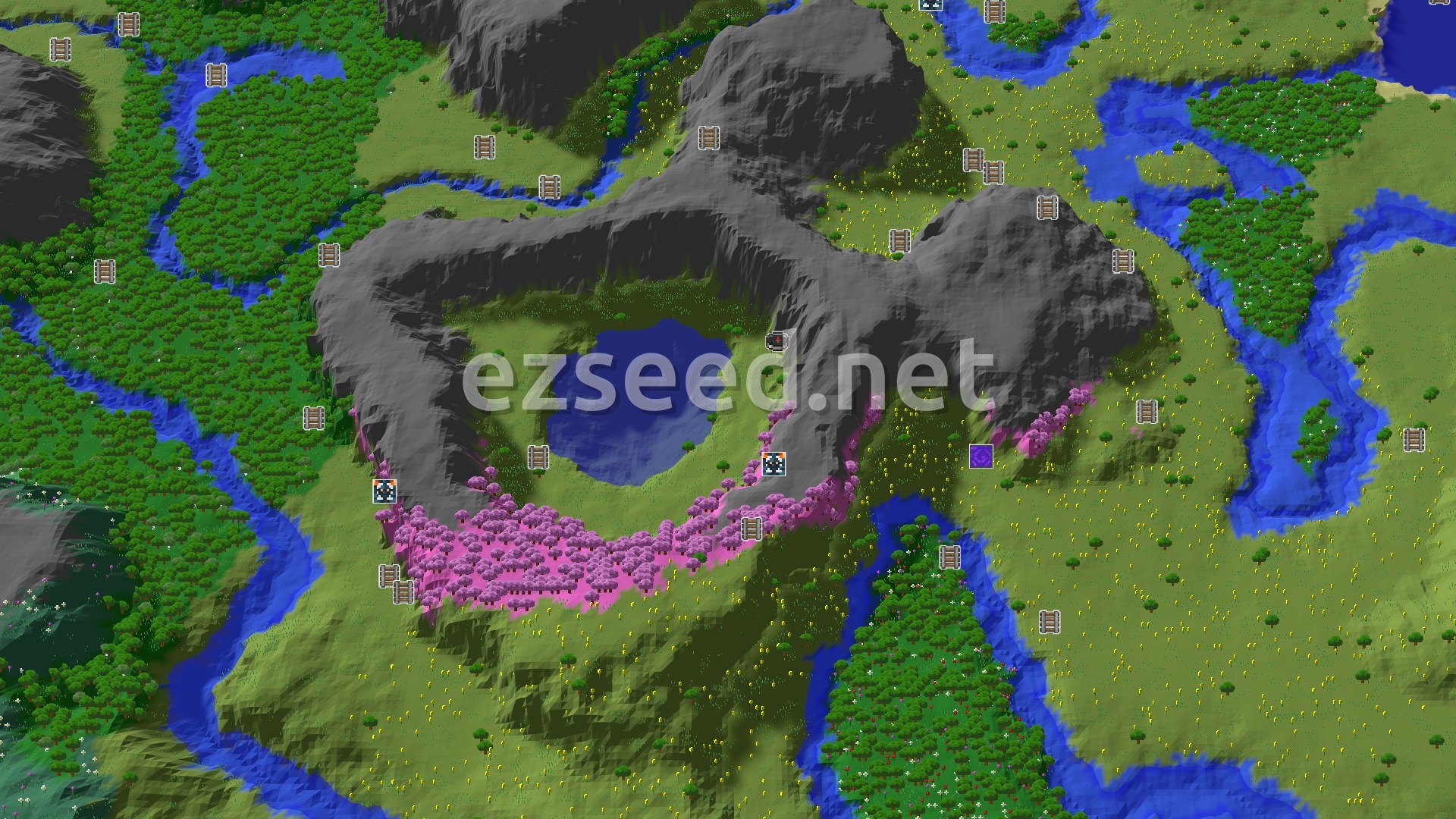 Aerial Minecraft seed map — Spawn Near a Cherry Grove and Close Trial Chambers
