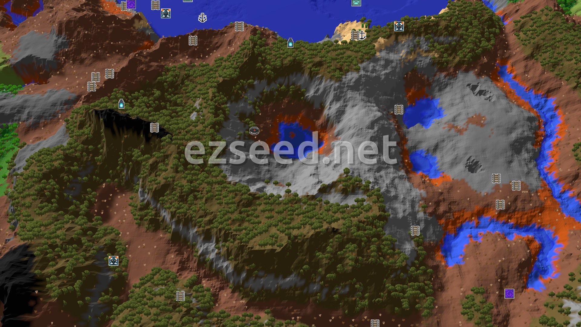 Aerial Minecraft seed map — Wooded Badlands Hills with a Deep Dark Secret