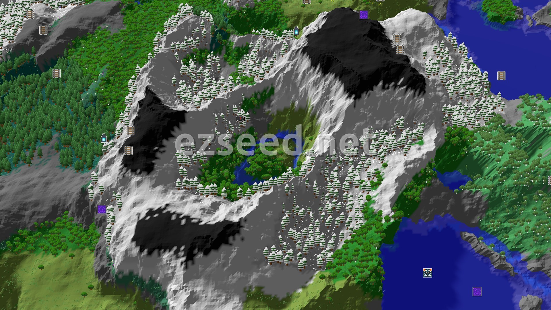 Aerial Minecraft seed map — Spawn in Snowy Peaks, Drop into a Lush Valley