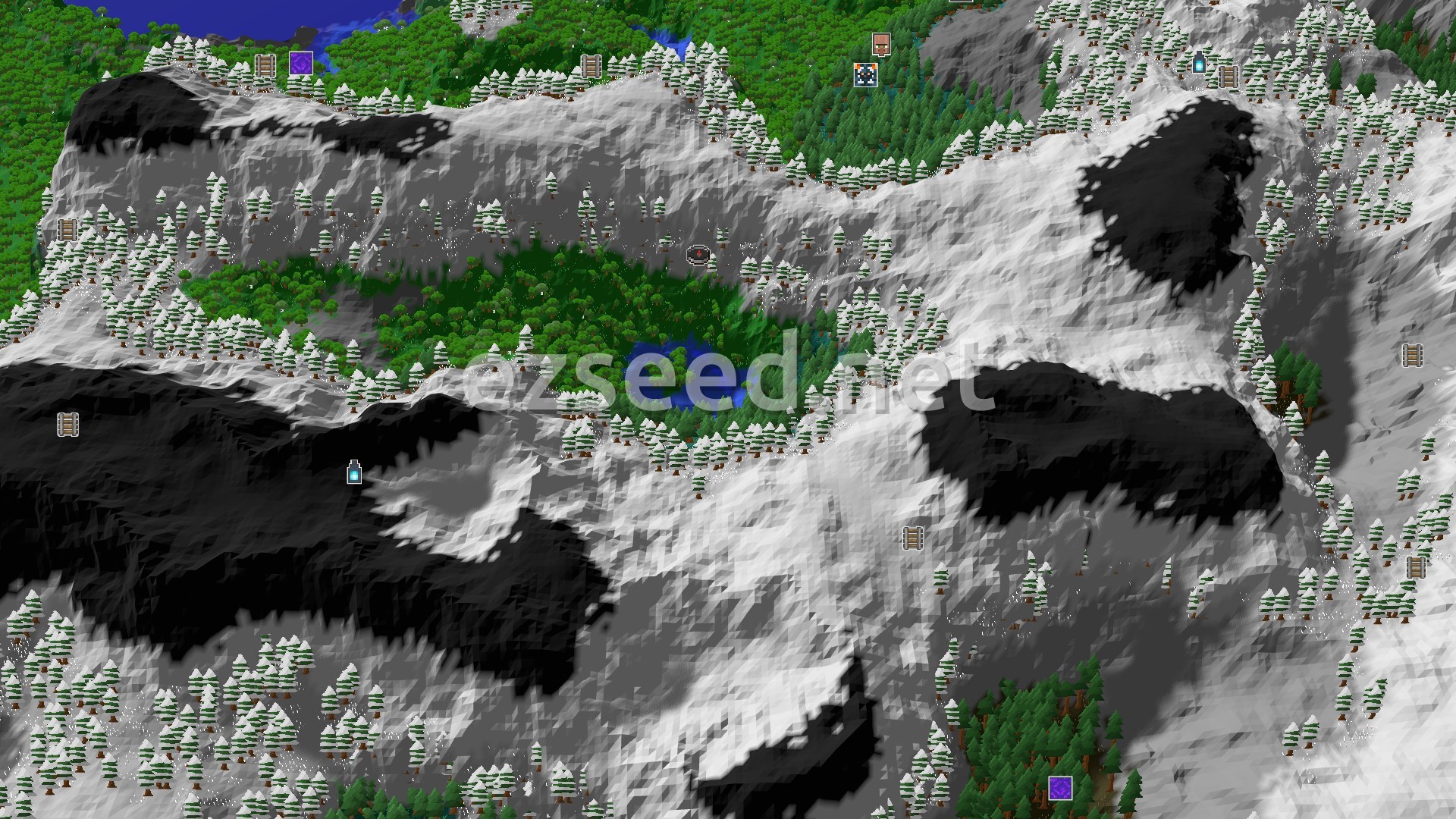 Aerial Minecraft seed map — Spawn Near Jagged Peaks and a Deep Mineshaft