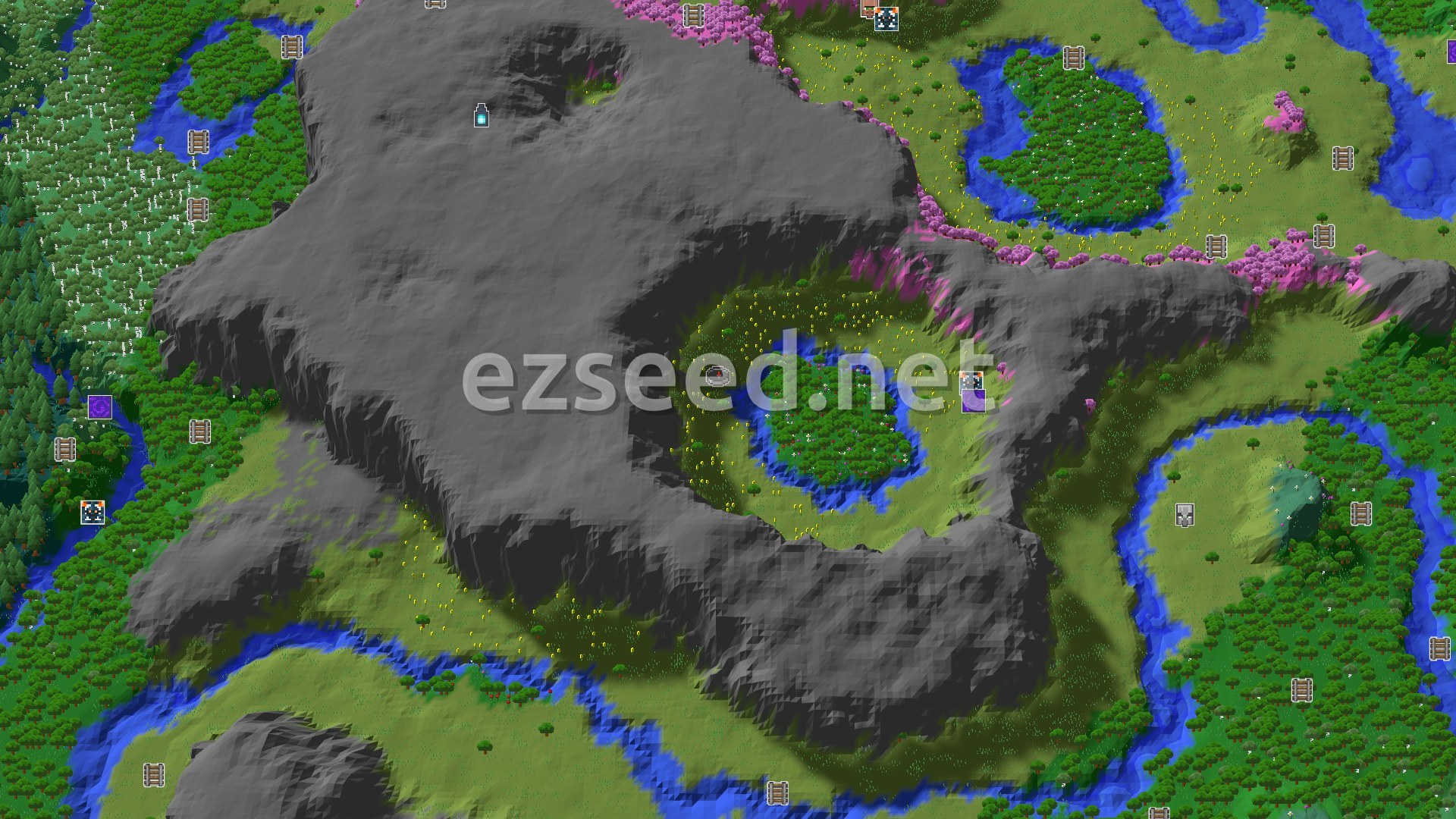 Aerial Minecraft seed map — A Sunflower Plains Spawn with Close Cherry Groves