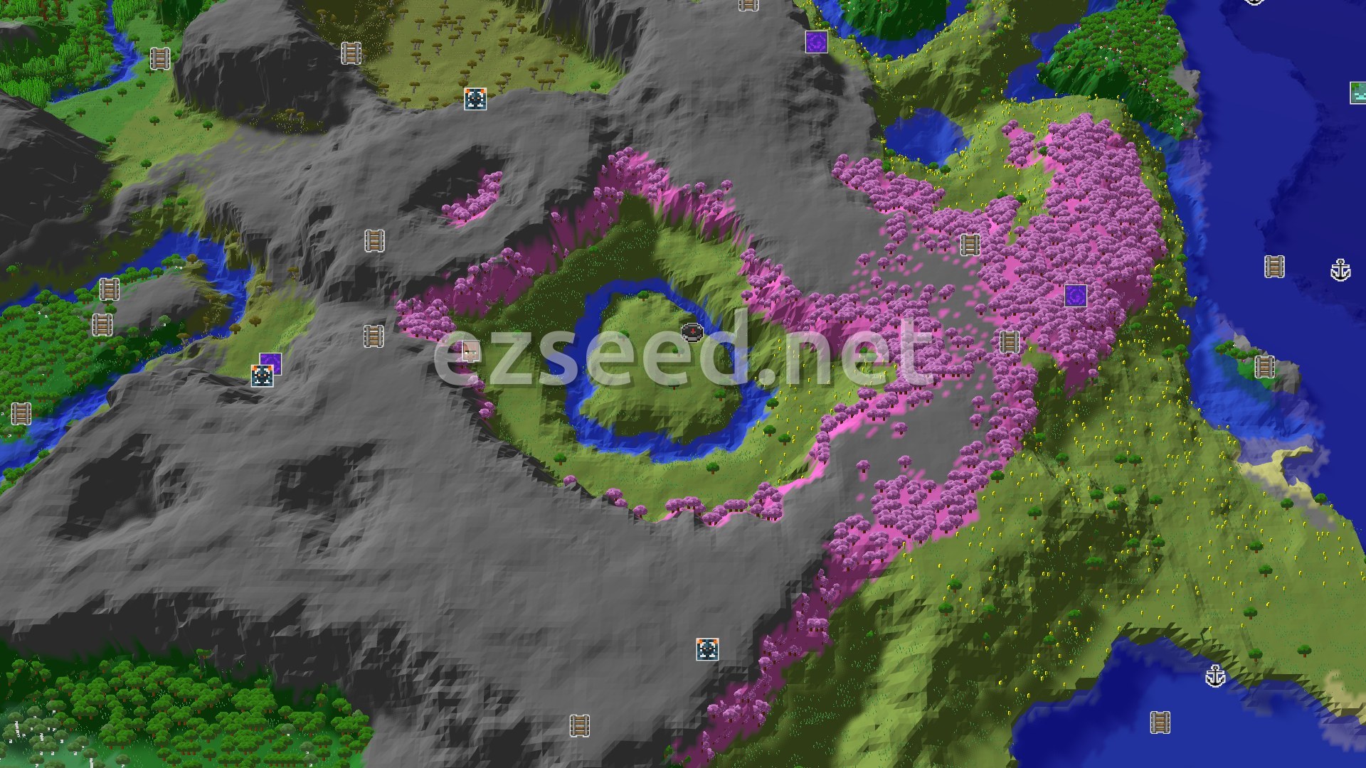 Aerial Minecraft seed map — Cherry Blossom Crater with a Nearby Village