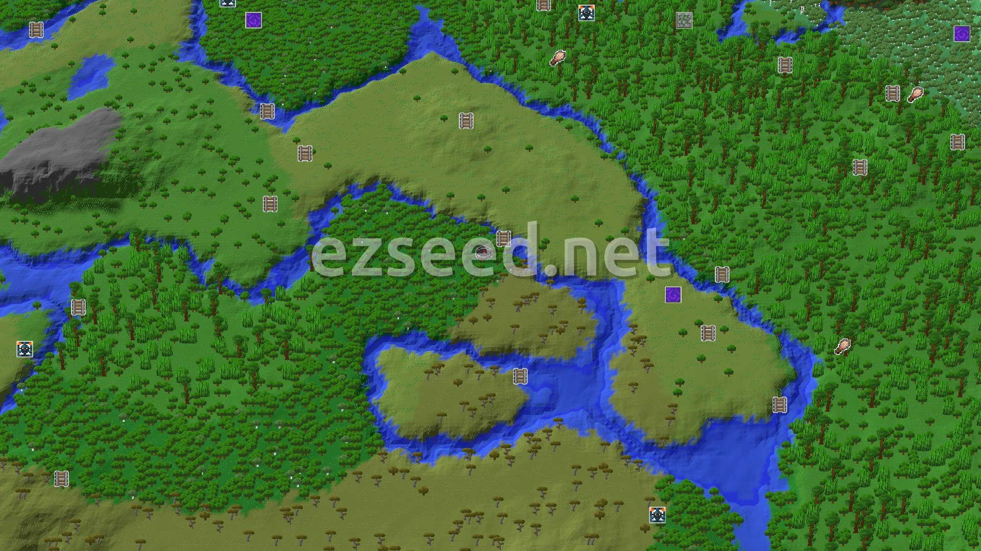 Aerial Minecraft seed map — A Jungle and Savanna World with Far-Flung Wonders