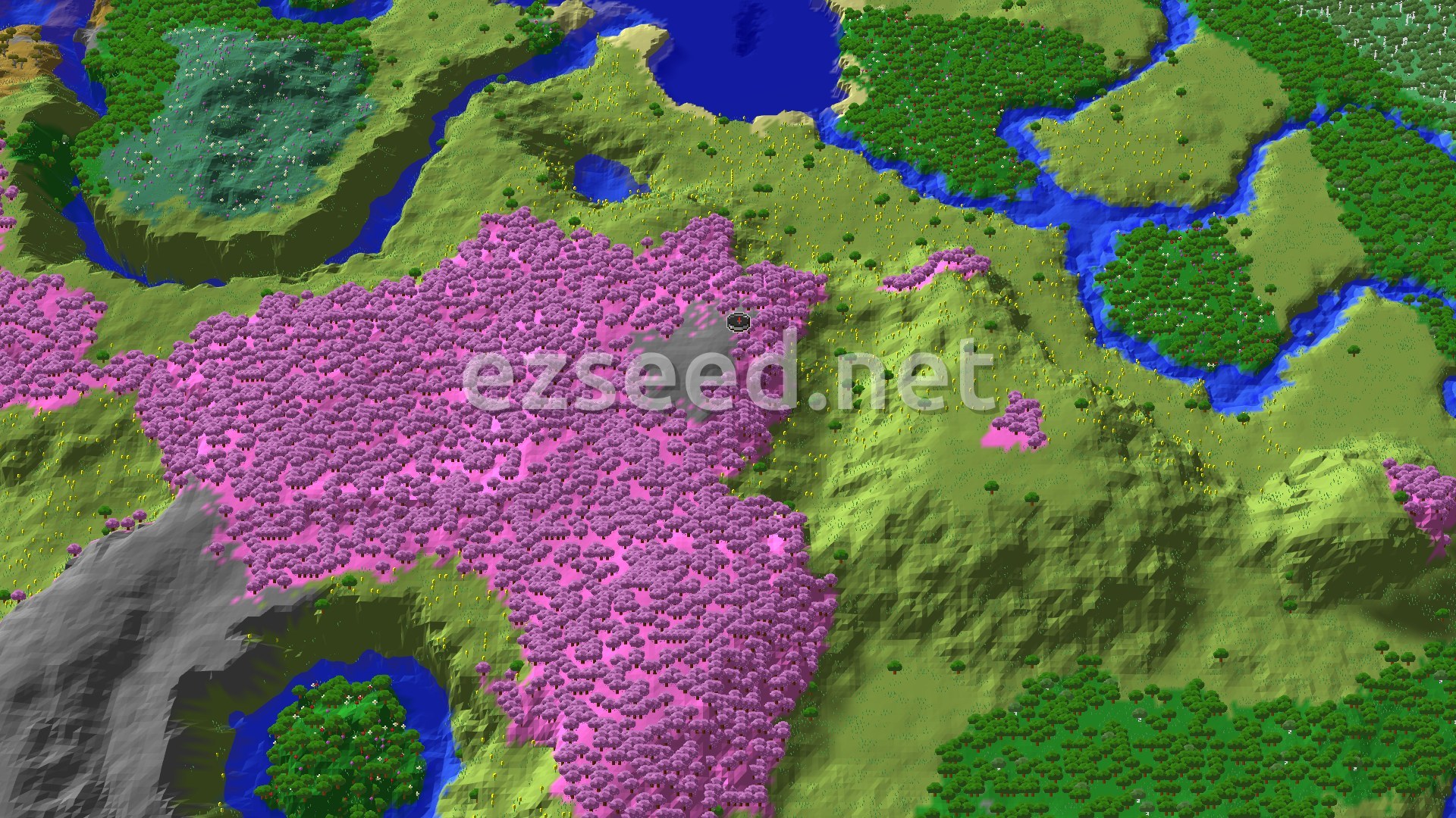 Aerial Minecraft seed map — Cherry Grove Spawn with Nearby Trial Chambers