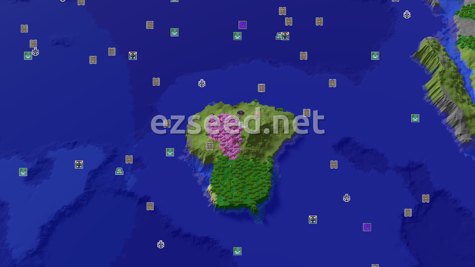 Aerial Minecraft seed map — An Island Start with a Nearby Cherry Grove