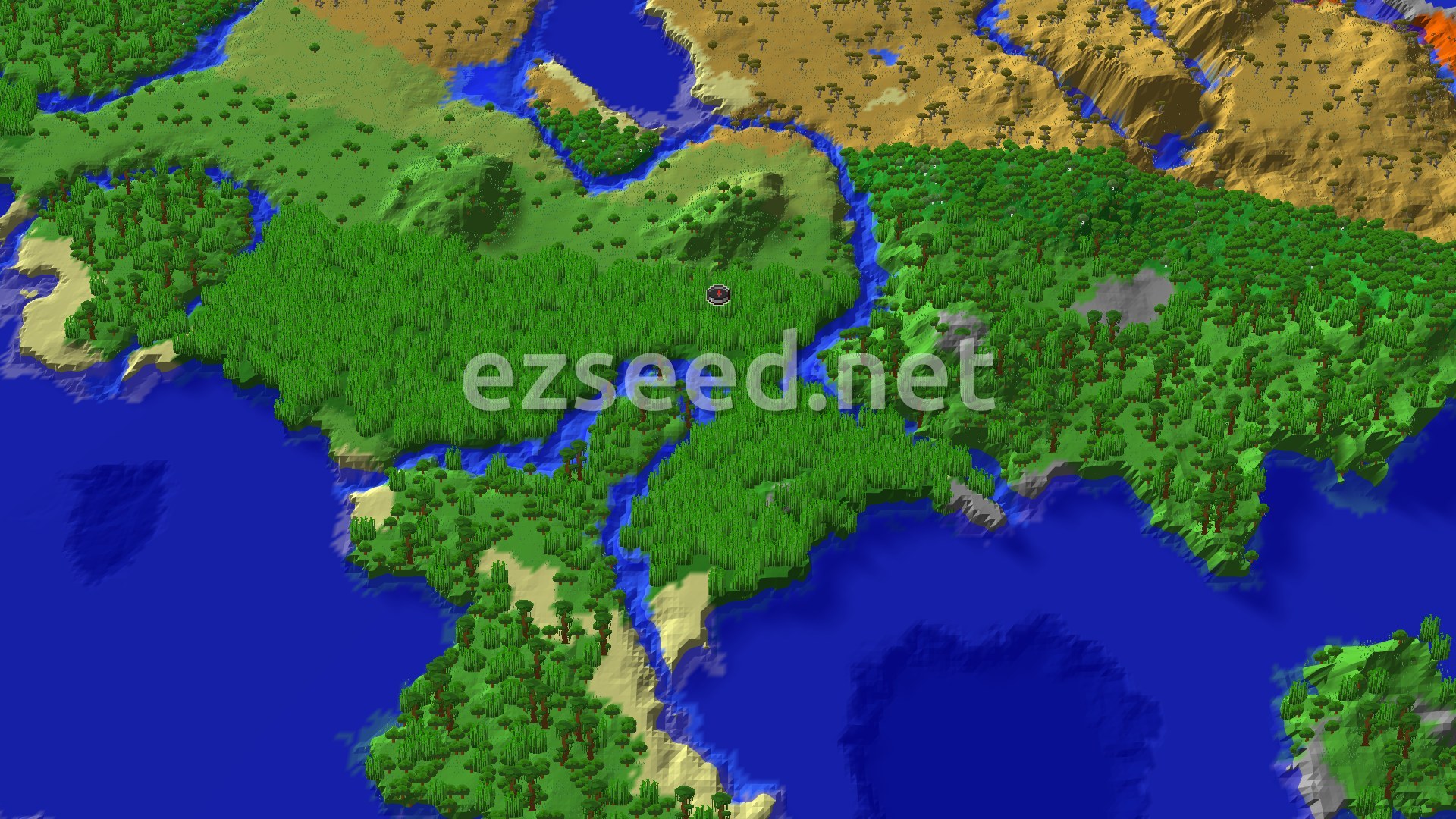 Aerial Minecraft seed map — Bamboo Jungle Spawn with Nearby Temple and Savannah
