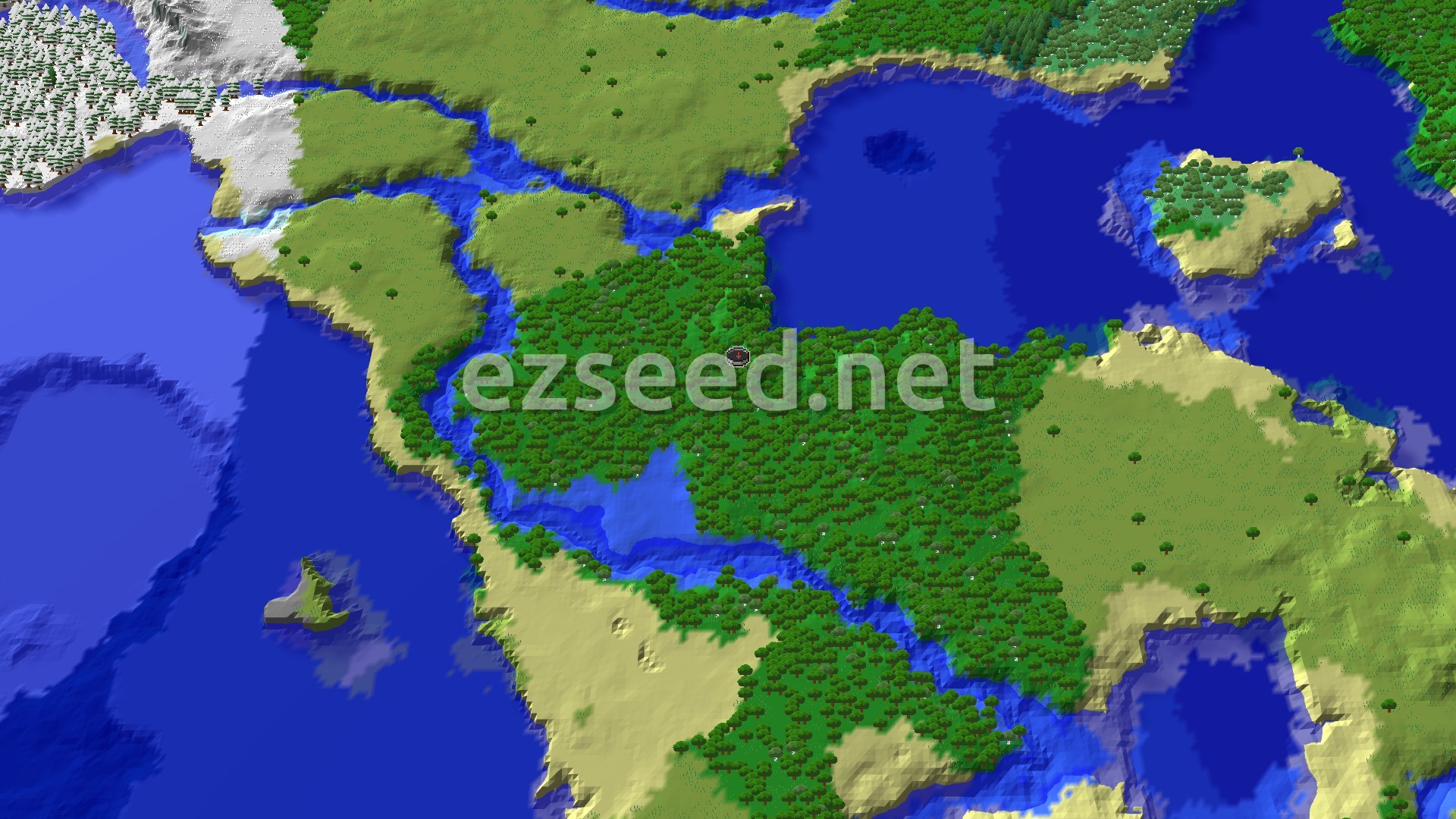 An aerial view shows a dense forest at the center, surrounded by plains, rivers, and oceans, with snowy biomes to the northwest.