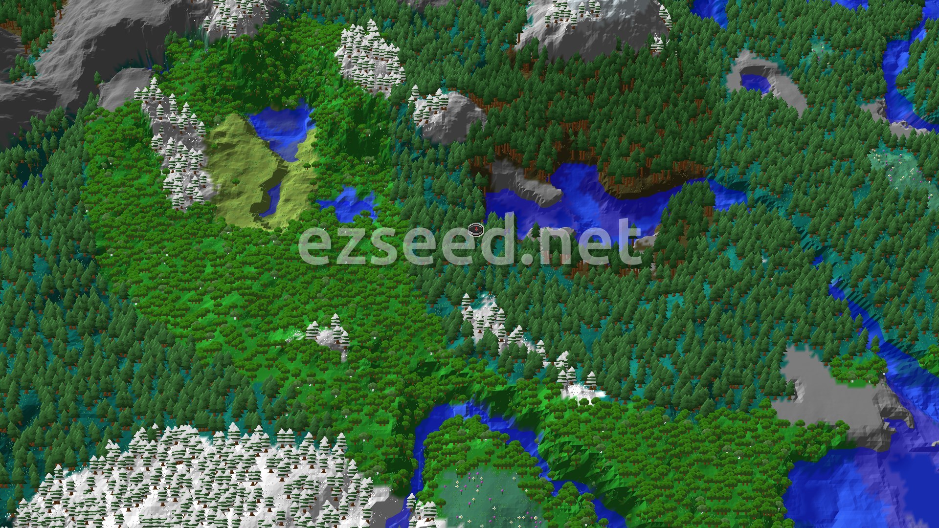 Aerial Minecraft seed map — Taiga Spawn with Close Ancient City and Trail Ruins