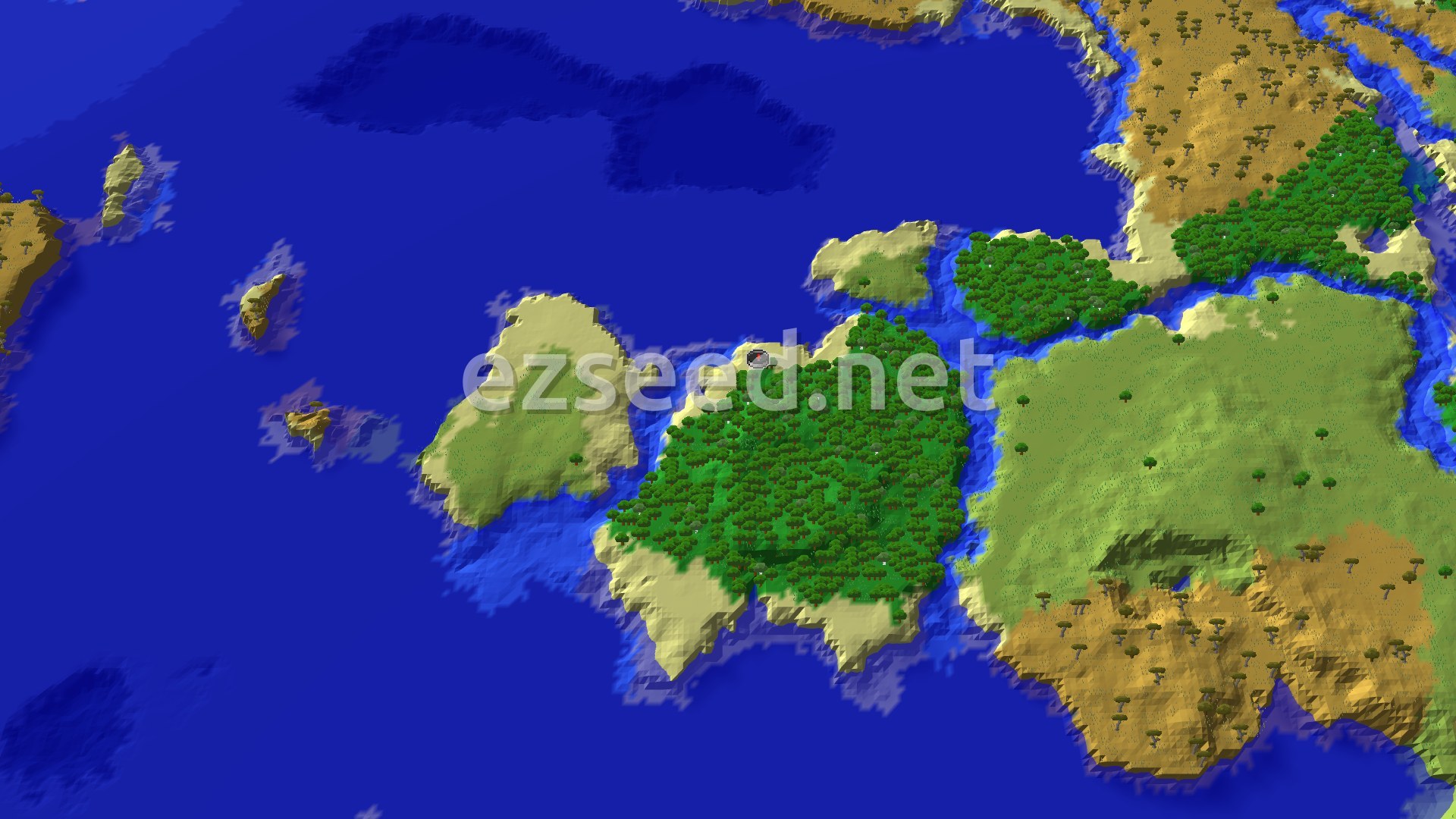 An overhead view of a large, tree-covered island surrounded by ocean, with smaller islands and a desert-like continent visible in the distance.