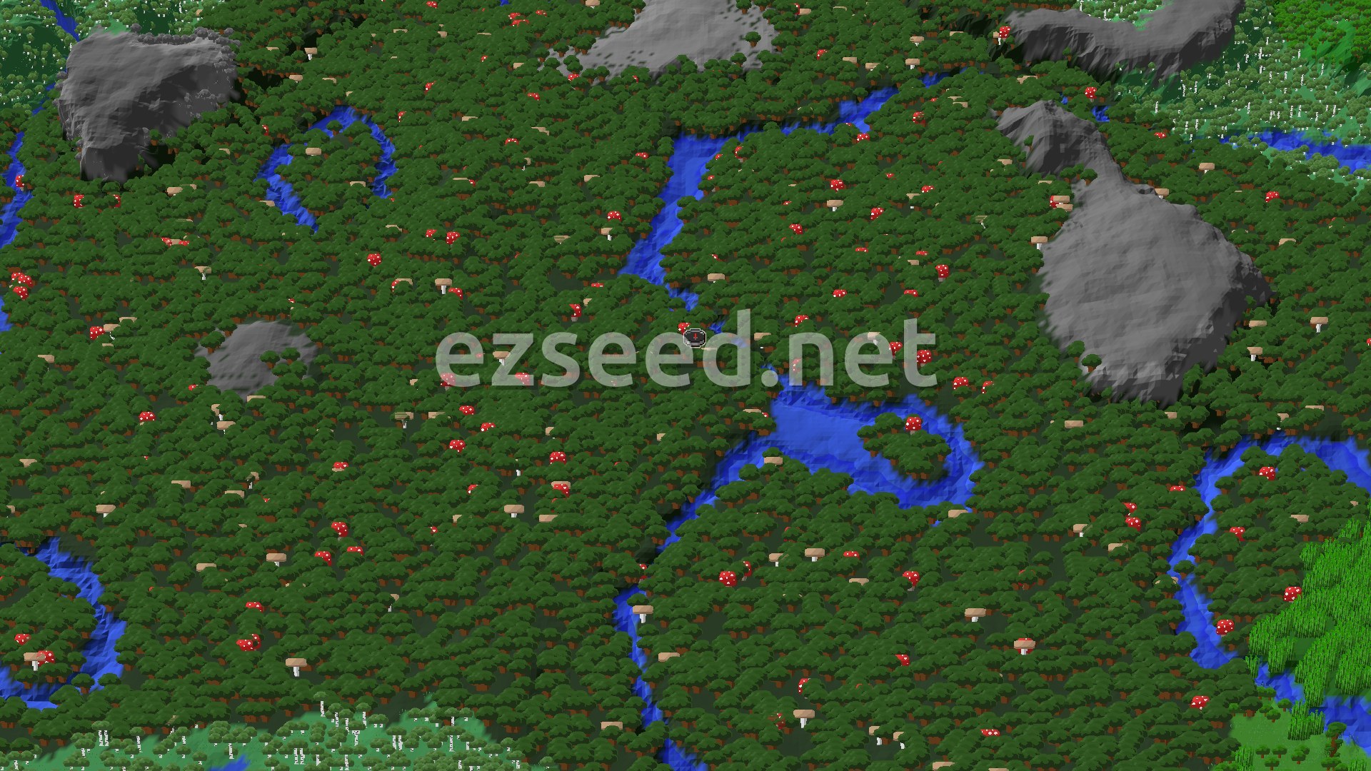 Aerial Minecraft seed map — Dark Forest Spawn with a Hidden Mansion Nearby