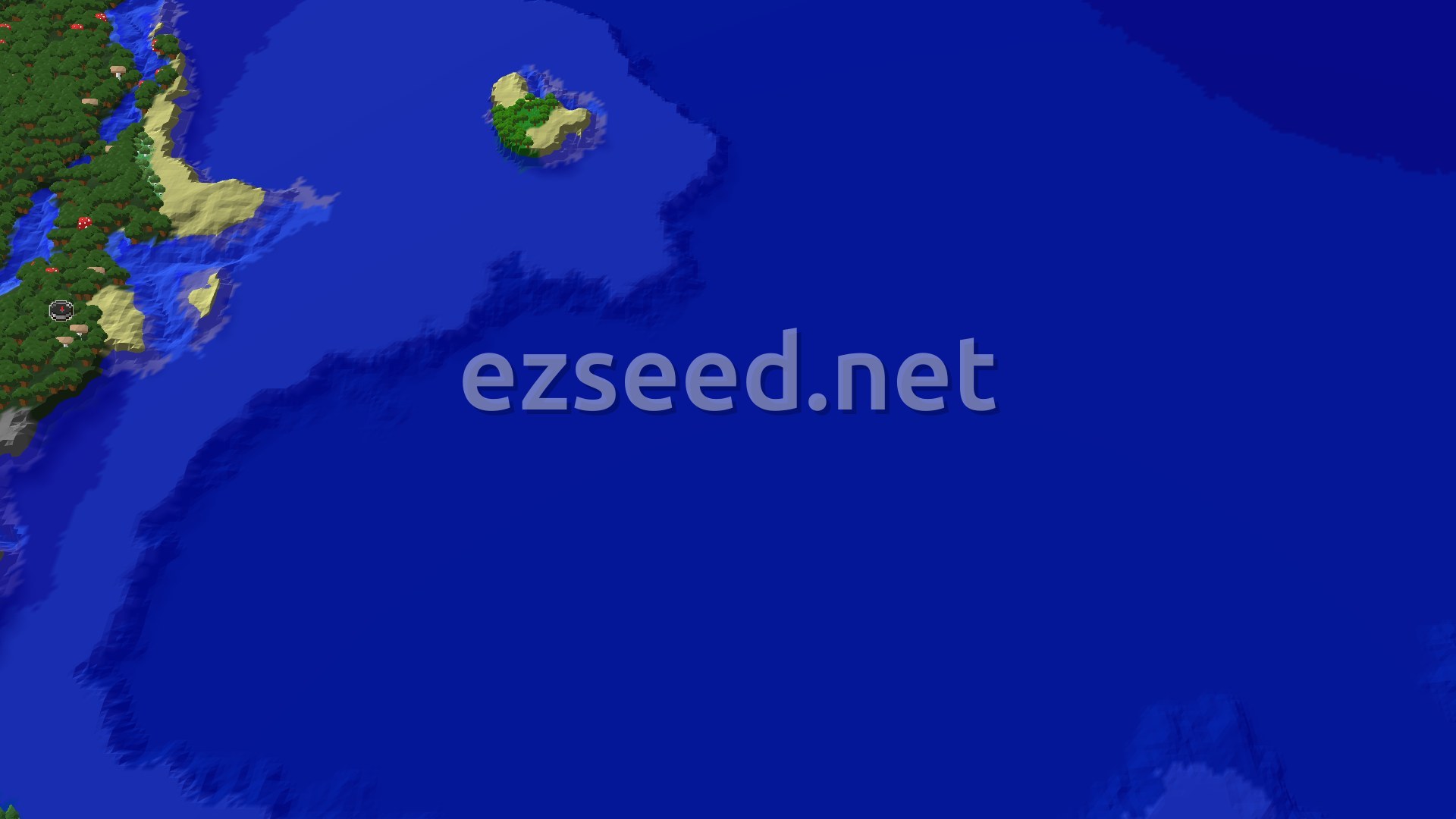 A 3D fly-over of a dark forest bordering a sandy beach and a wide ocean, with a small island in the distance.