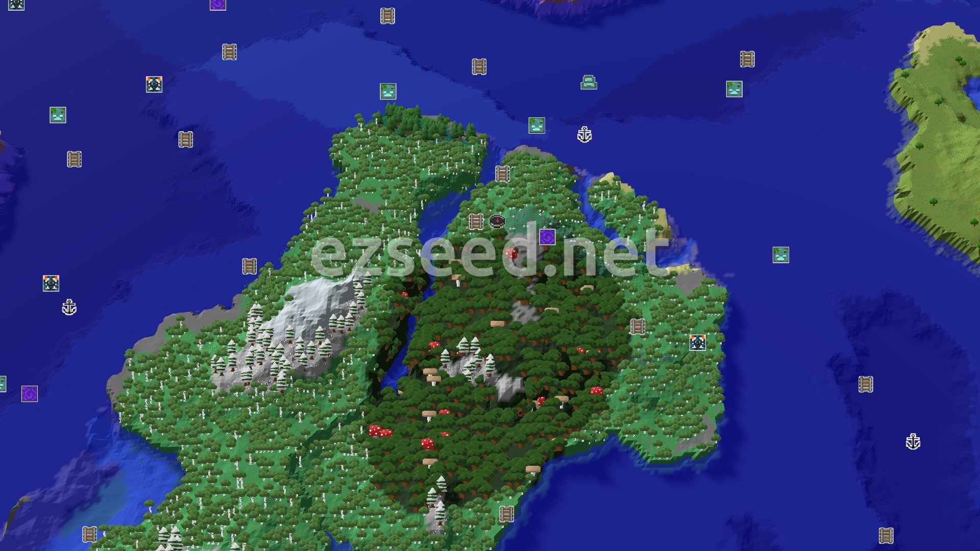Aerial Minecraft seed map — Spawn in a Meadow, With Nearby Peaks and a Mushroom Fields Island