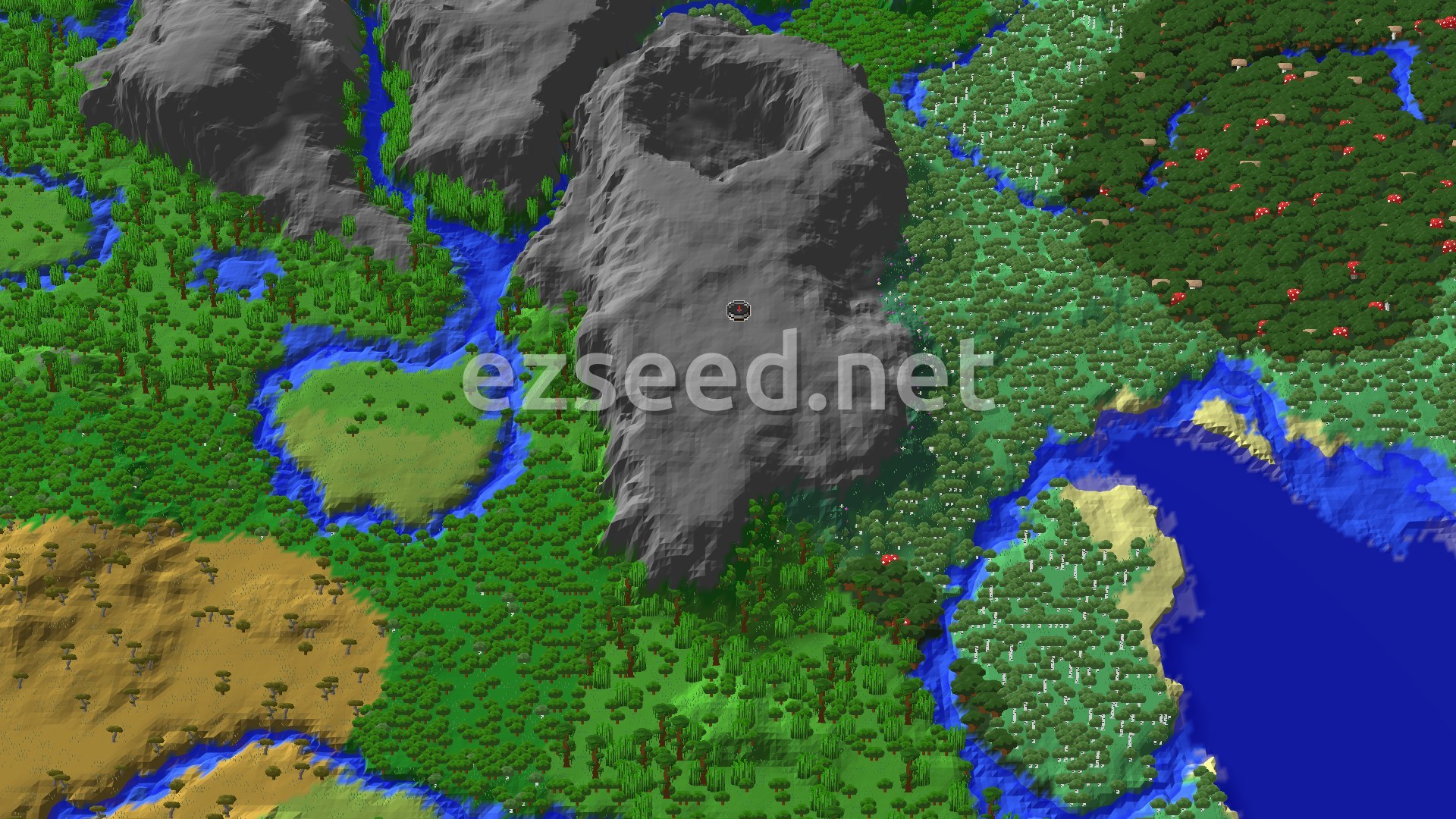 Aerial Minecraft seed map — Jungle Temple and Lush Caves Near Spawn