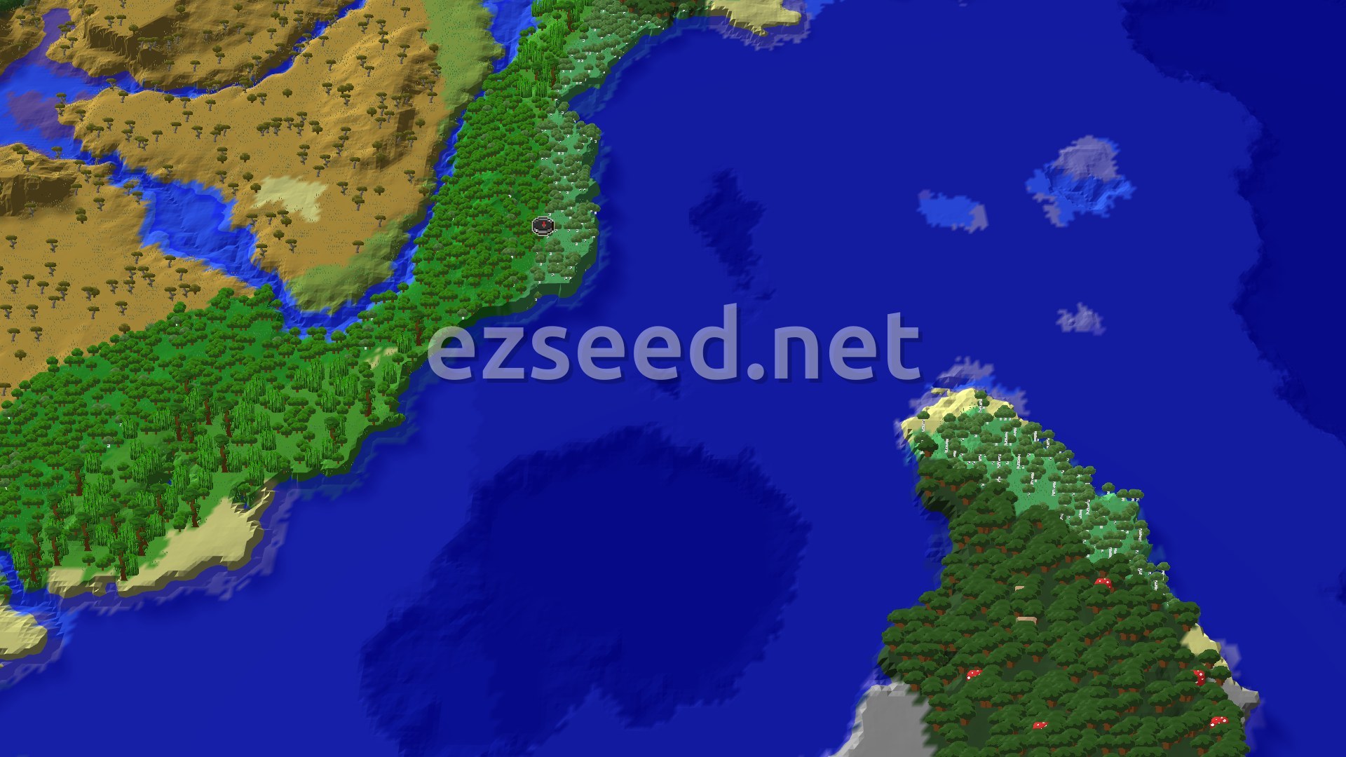 An aerial view of a varied landscape, featuring a large forest near spawn, an ocean, and savanna hills further west.
