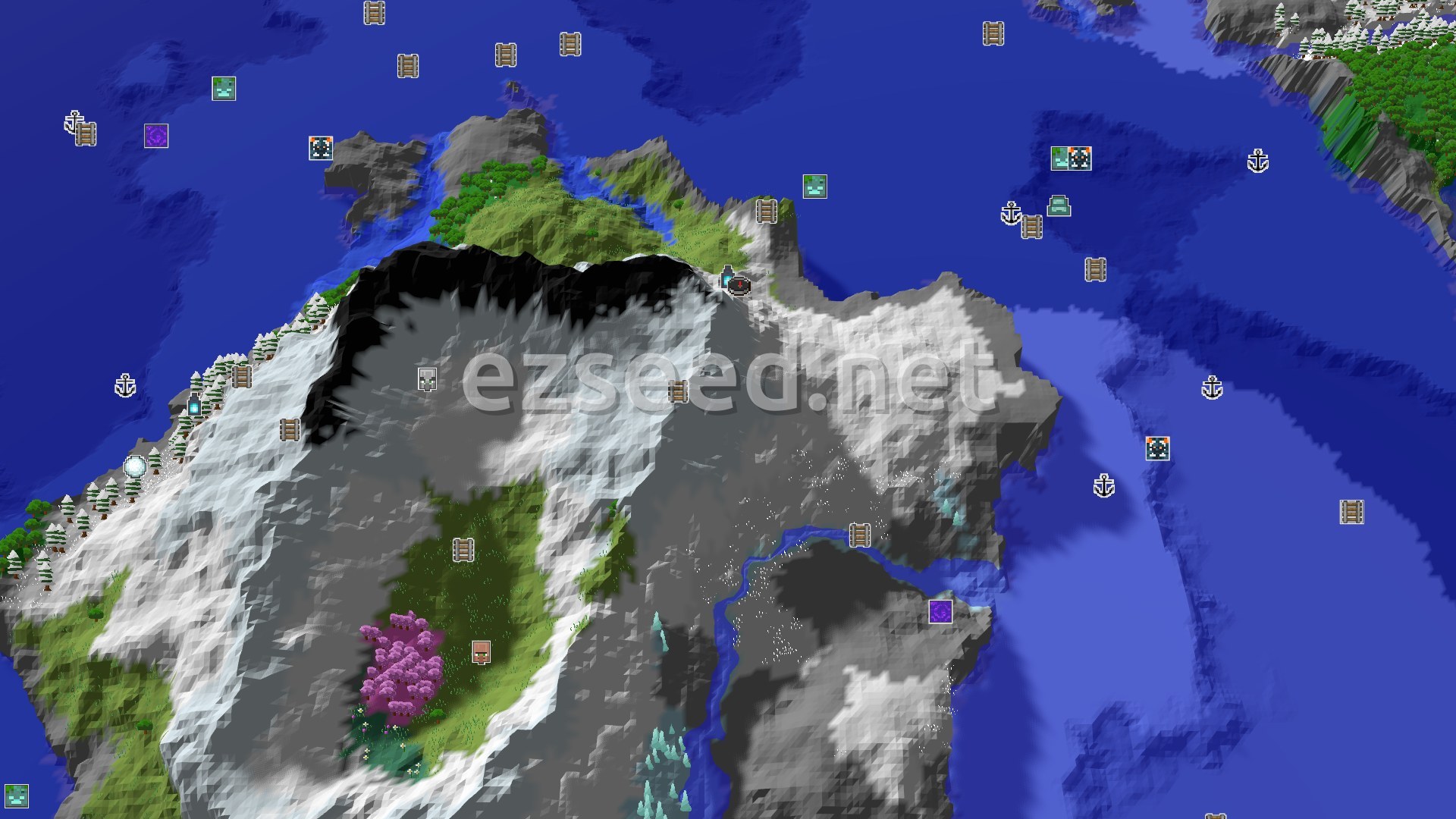 Aerial Minecraft seed map — Ancient City Next to Spawn in Icy Mountains