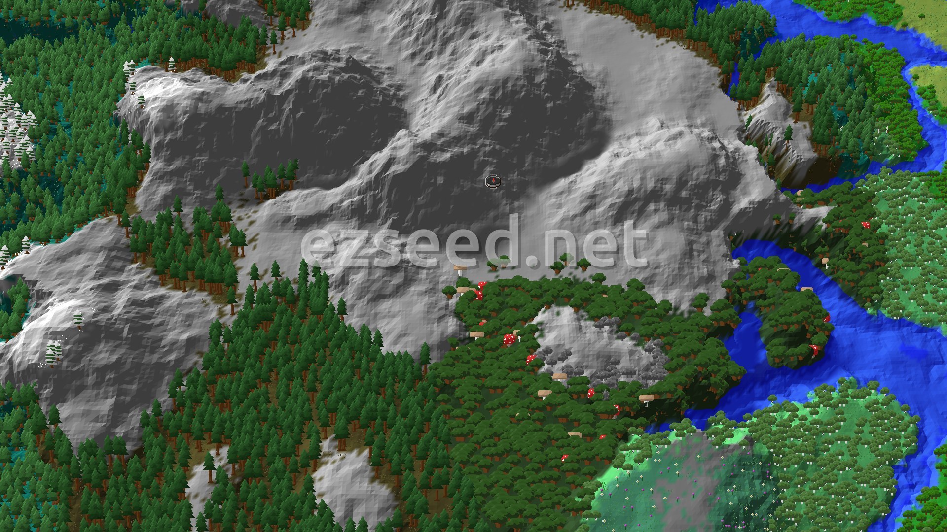 Aerial Minecraft seed map — Spawn in a Dark Forest with Nearby Peaks