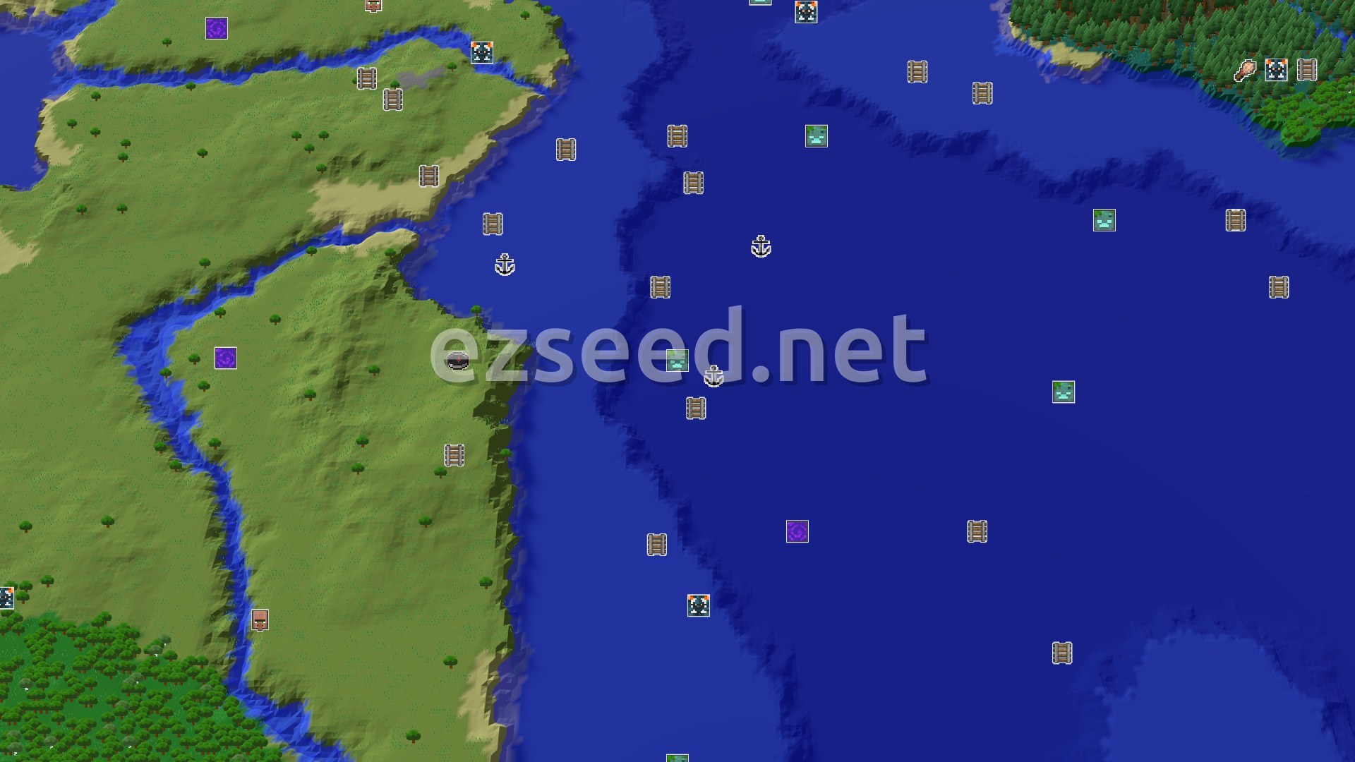Aerial Minecraft seed map — Ocean, Plains, and a Deep Mineshaft Close to Spawn