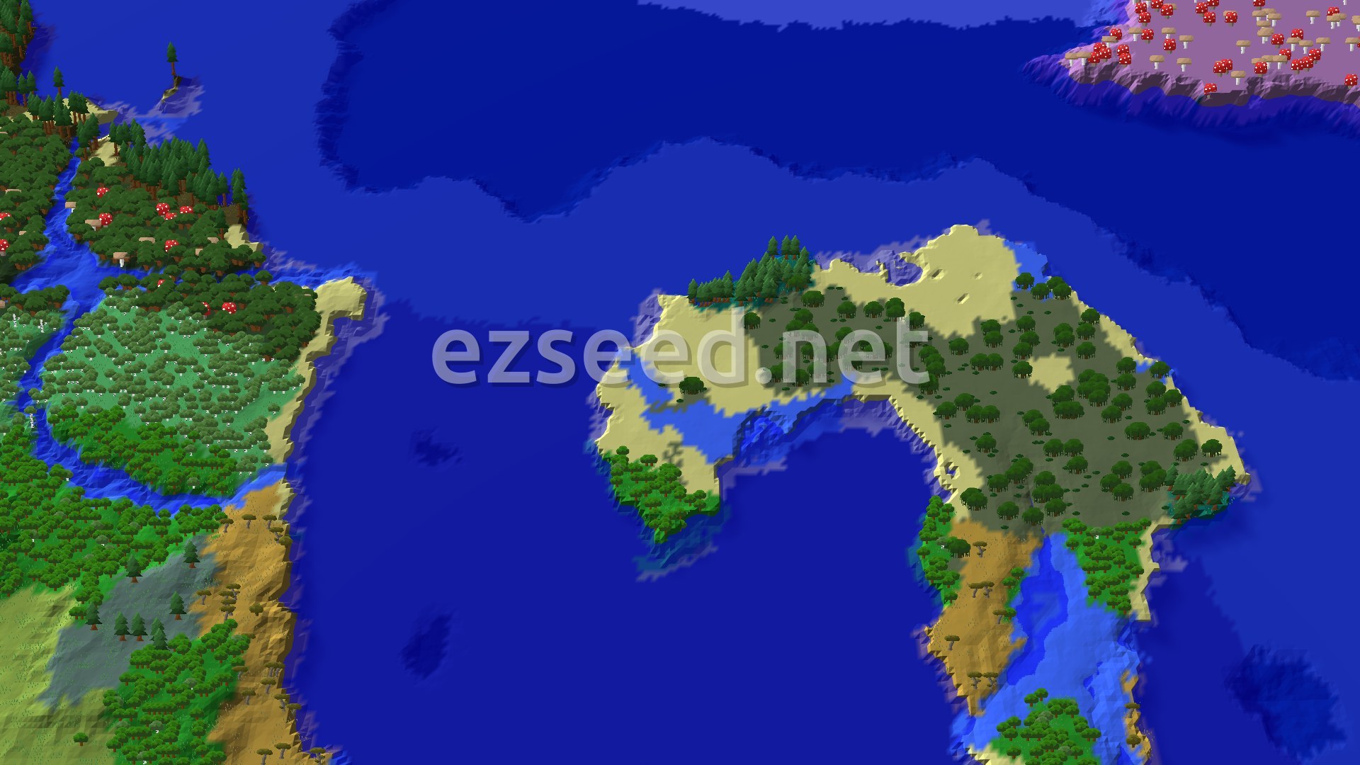 Aerial Minecraft seed map — Taiga Spawn with Nearby Mushroom Fields