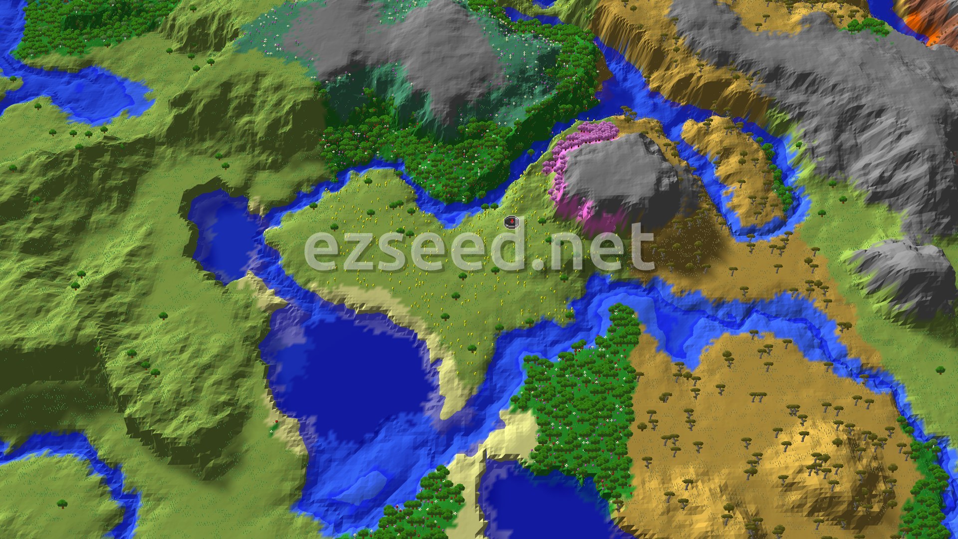 Aerial Minecraft seed map — Sunflower Plains Spawn with Ancient City Nearby