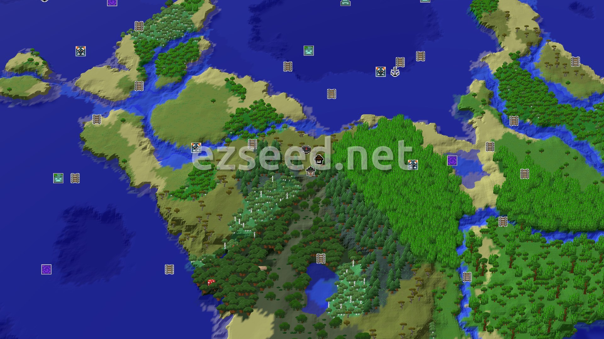 Aerial Minecraft seed map — Windswept Savanna Spawn with a Close Woodland Mansion