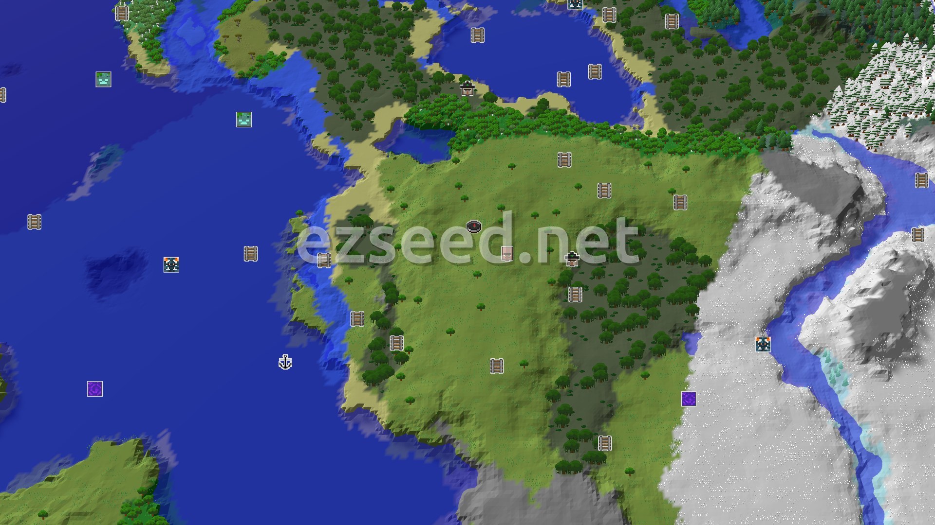 Aerial Minecraft seed map — Plains Spawn with a Nearby Village and Icy Peaks