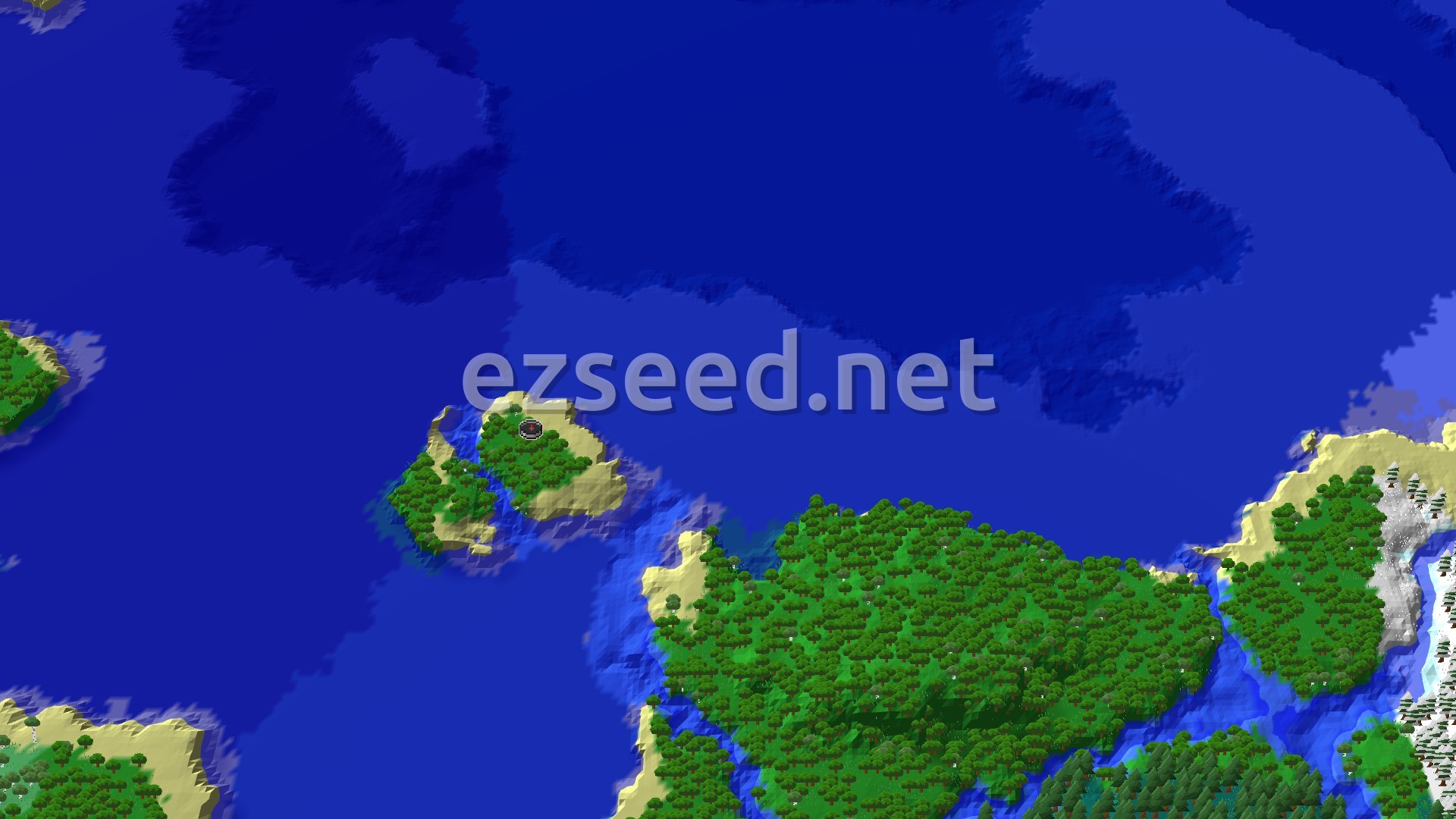 Aerial Minecraft seed map — A Wooded Coastal Start with Nearby Mineshaft and Trials