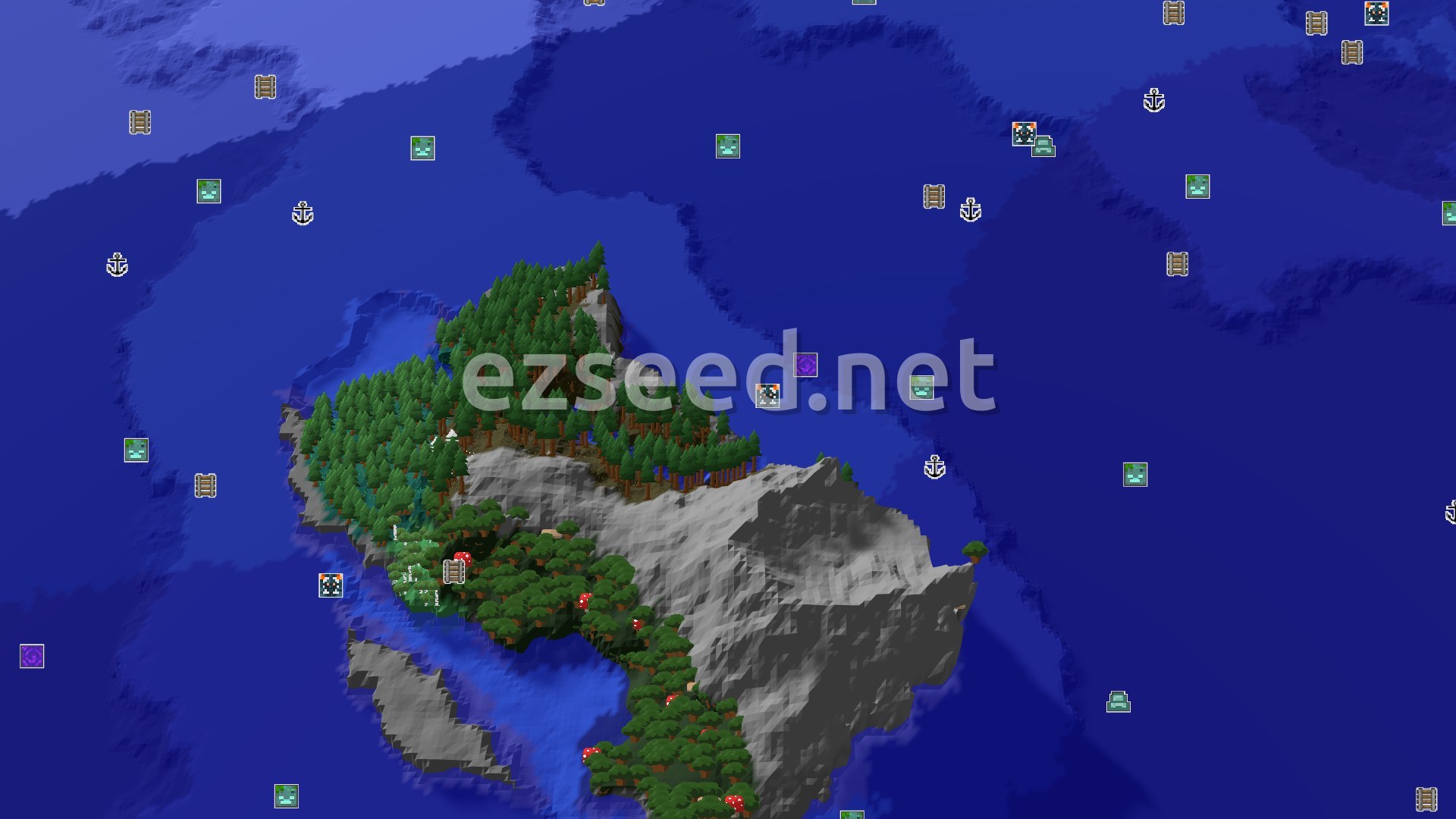 Aerial Minecraft seed map — Dark Forest Island with Nearby Ocean Monuments